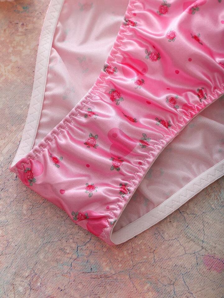Glossy Pink Floral 2nd Skin Satin Lace Waistband Hi-Cut Rio Panties XL NEW