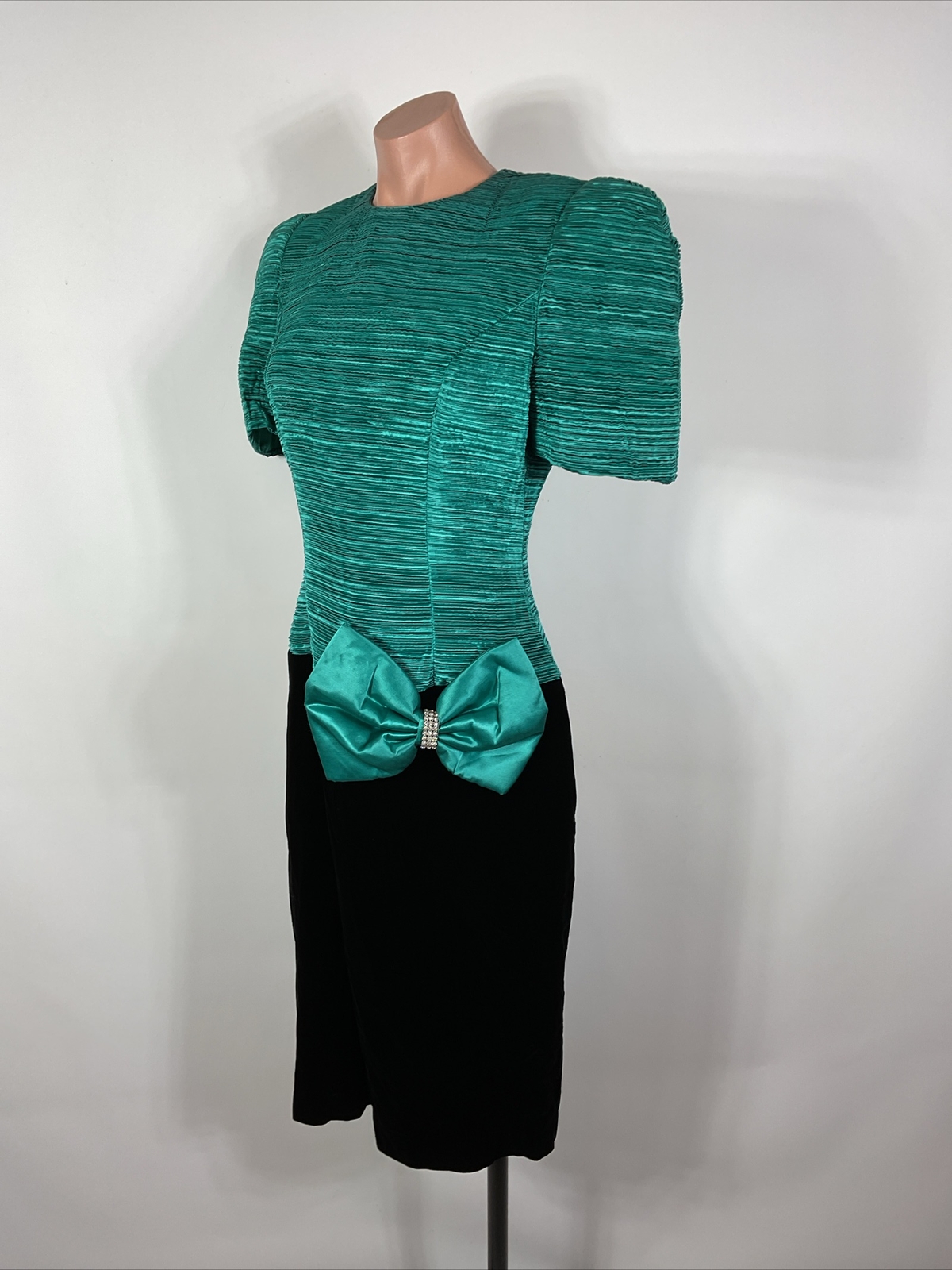 Opening Night Vintage 80s Teal Puffy Sleeve Velvet Prom Party Formal Dress 7/8