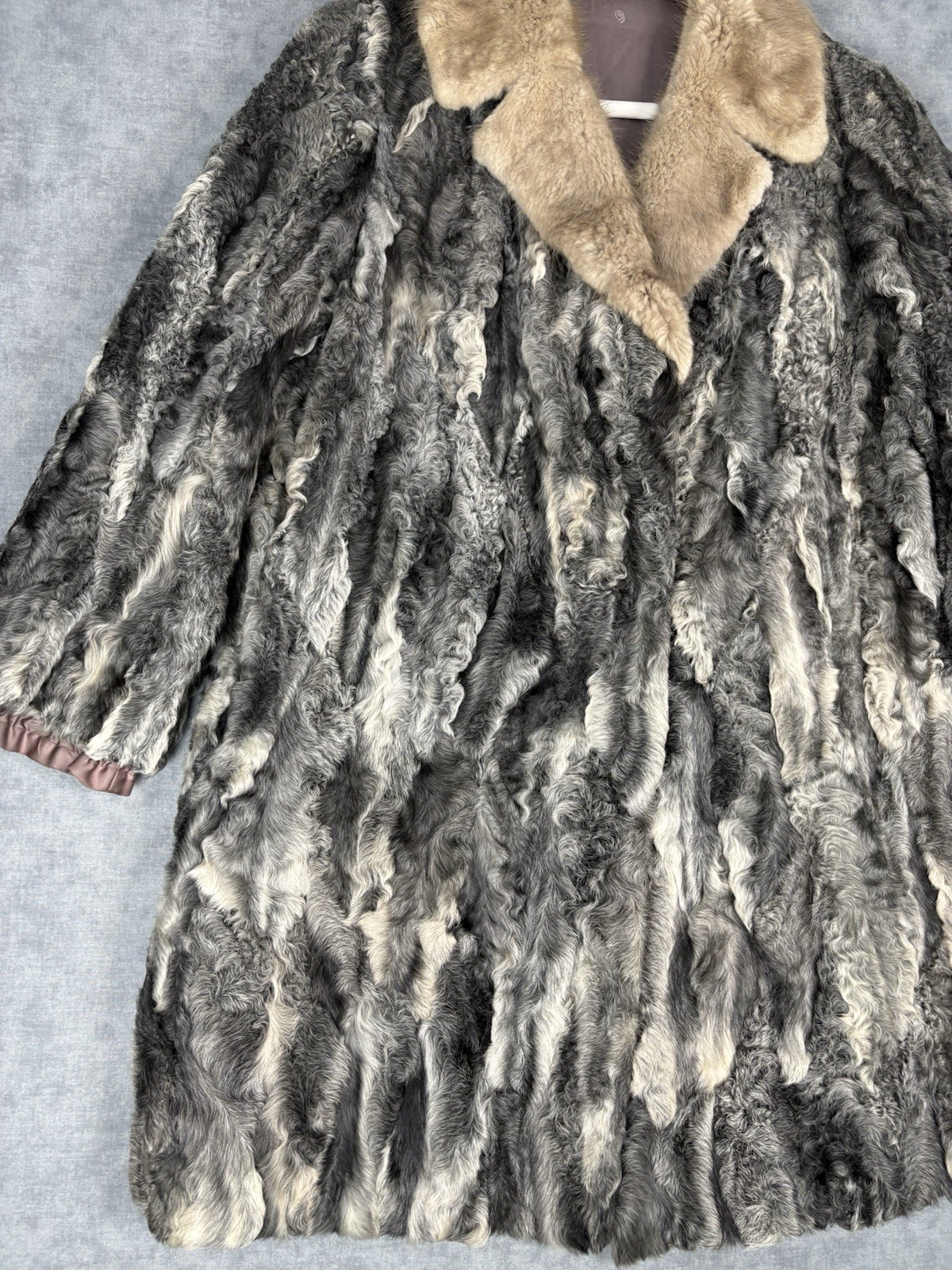 Vintage Persian Lamb Karakul Fur Coat Mink Collar Gray German Furrier M/L