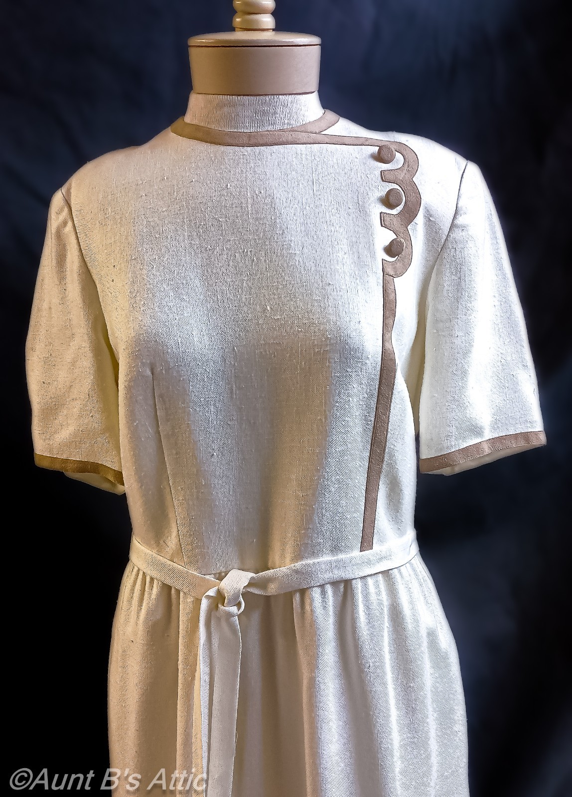 Vtg 70’s Posh By Jay Anderson Ivory Linen W/ Tan Ultra Suede Sheath Dress Medium