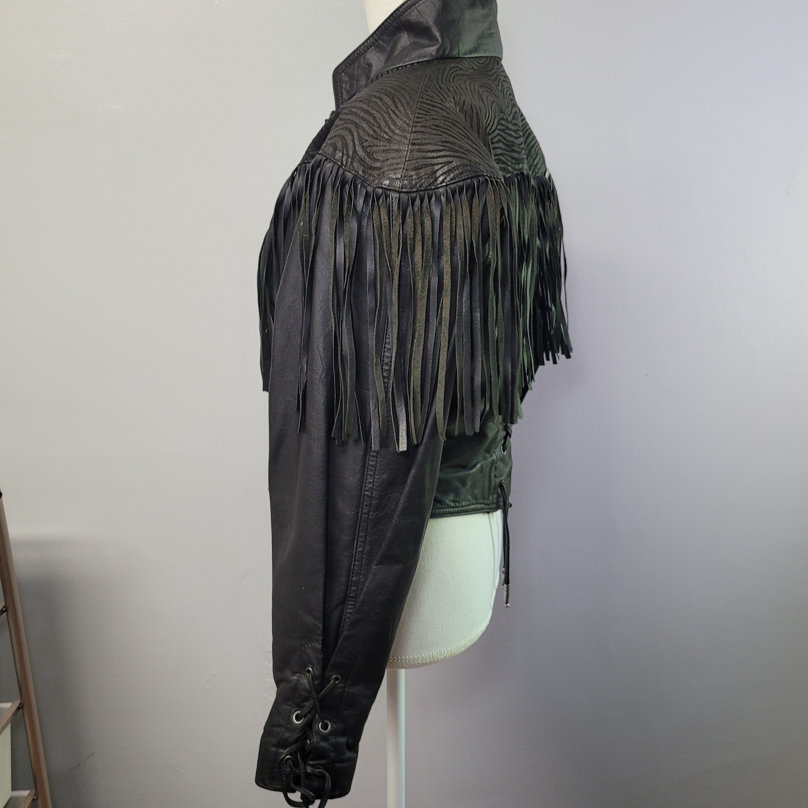 Vintage Black Leather Fringe Western Jacket Zebra Embossed Concho Cropped 90s