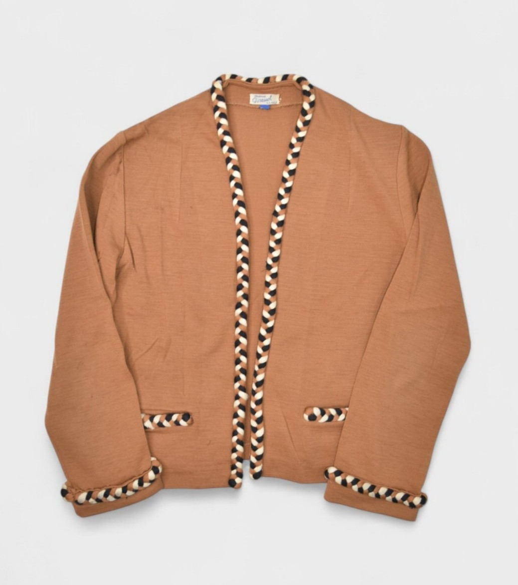 Vintage 80s Sweater Womens S Brown Wool Cardigan Rope Trim Girassol Italian Open