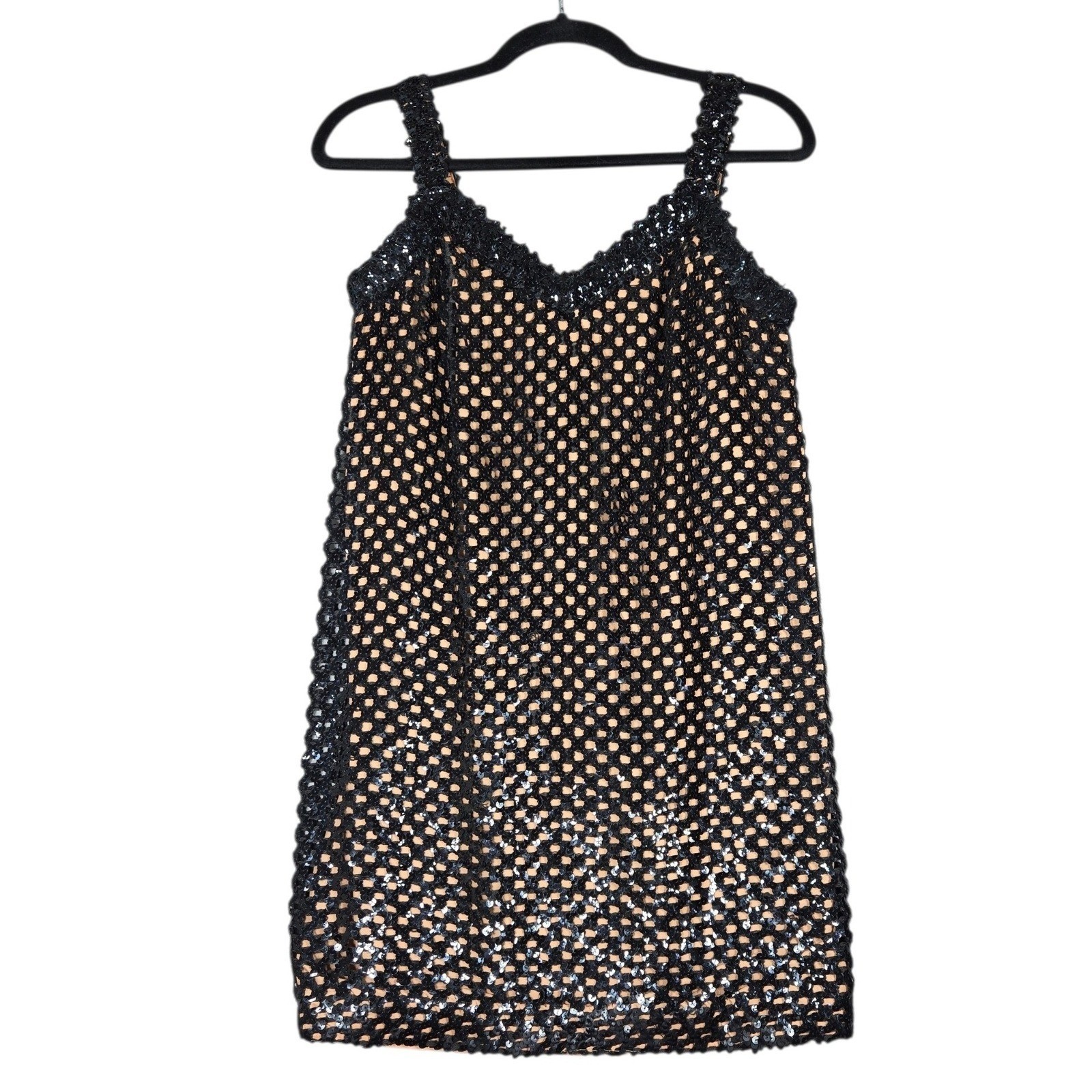 Vintage Georgy Girl Atlanta Sequin Mini Dress S Black Mesh Overlay Disco Party