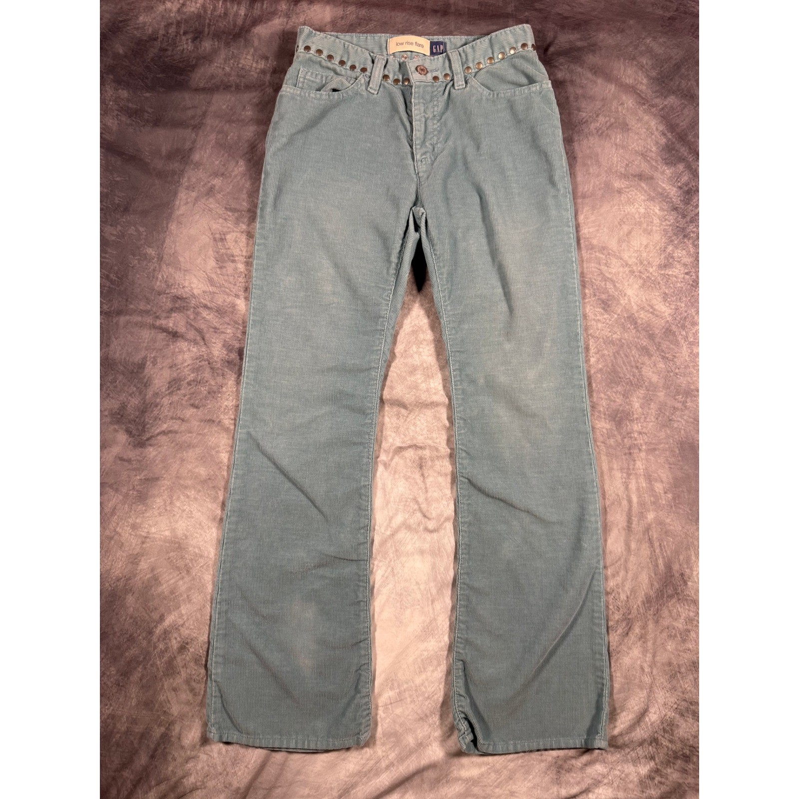 Y2K Vintage Gap Sz 4 Studded Low Rise Flare Turquoise Corduroy Boho Indie Sleaze