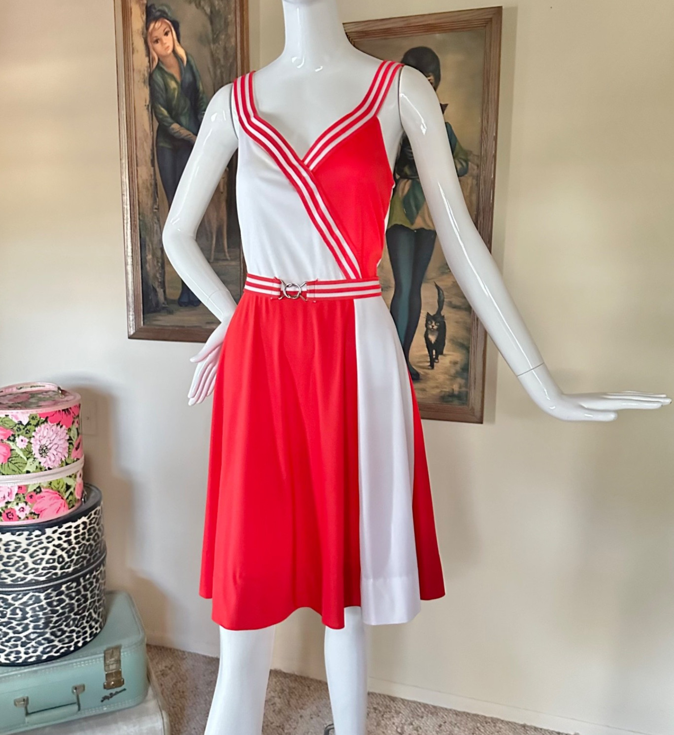 Vintage 1970s Red Color Block Disco Cheerleader Grease Preppy Tennis Dress M/L