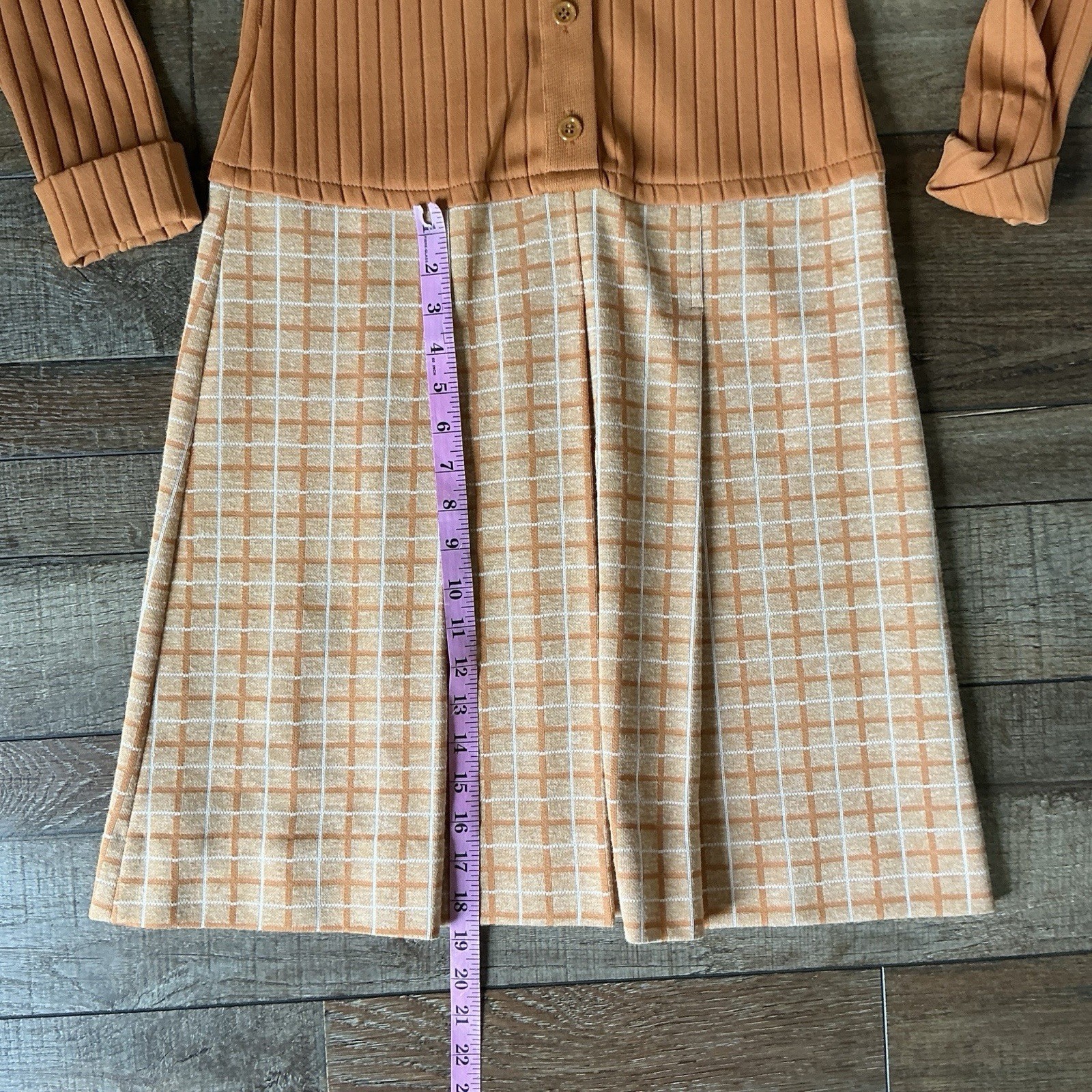 60s 70s VTG Neiman Marcus Orange Knit Plaid Drop Waist Dress Size 10 ILGWU #38D7