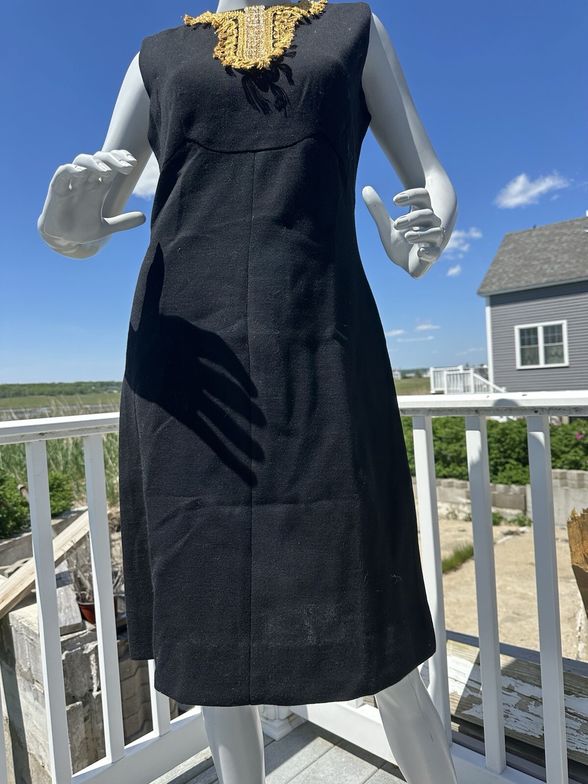 1960s Bleeker Street dress black cocktail shift gold trim 70s size 14 classic