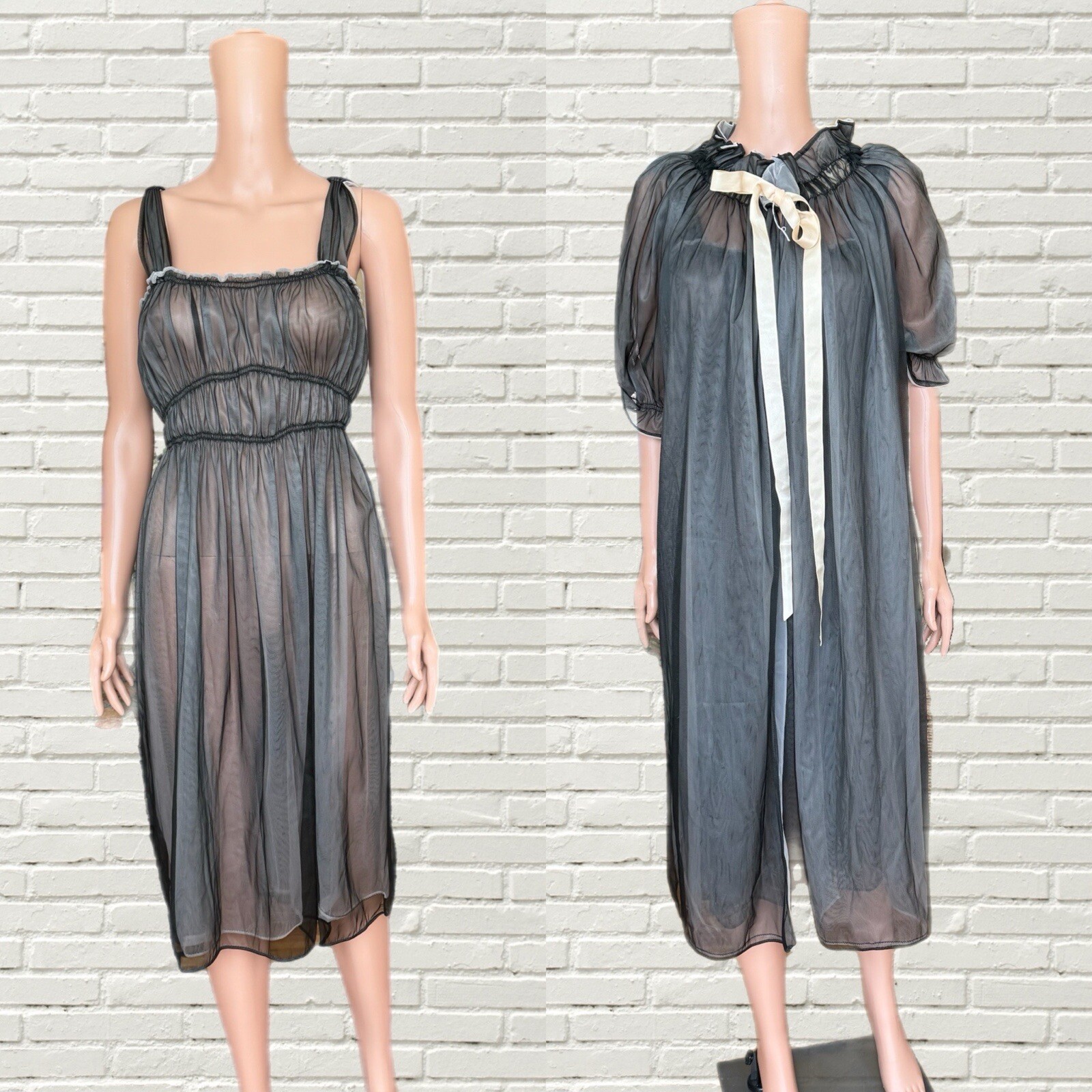 Vintage 50s 60s Black Chiffon Peignoir Slip Dress And Robe Set S/m Amourelle