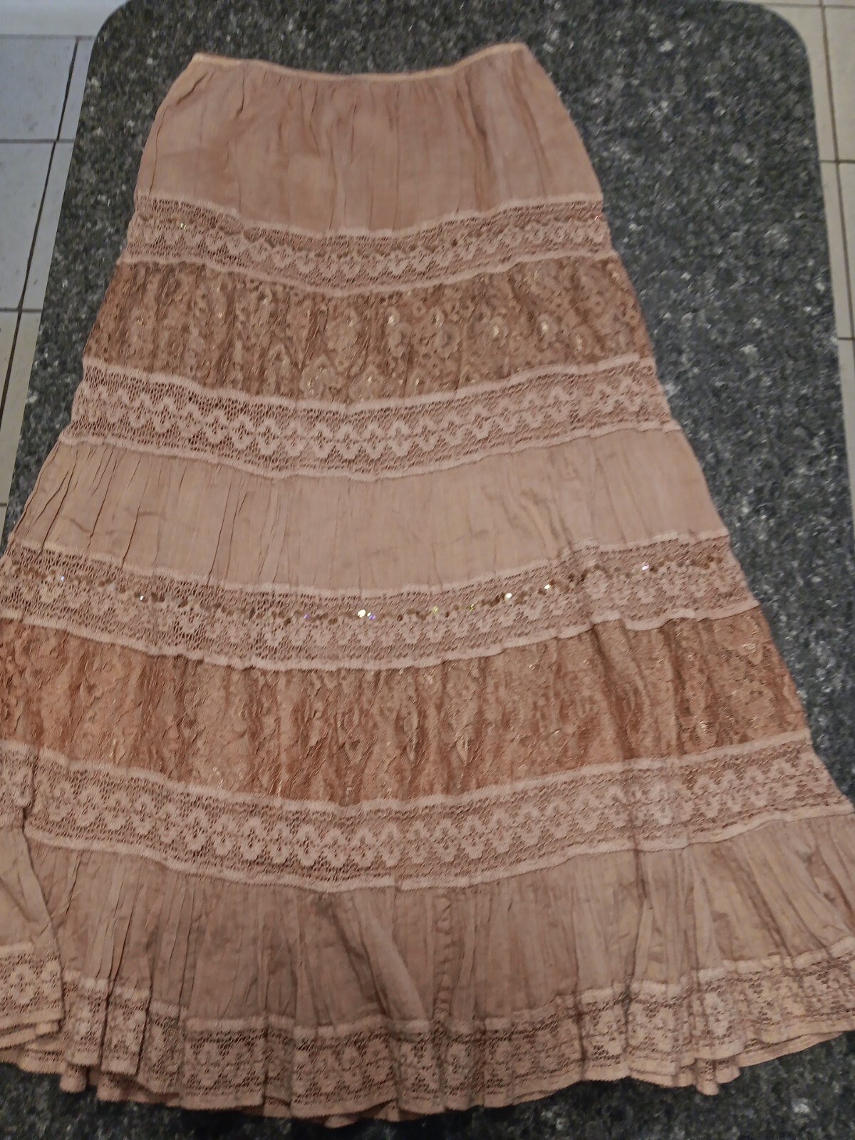 Vintage Passport Boho Hippy Cotton And Lace Multitiered Ruffles Skirt Cocoa Sz L