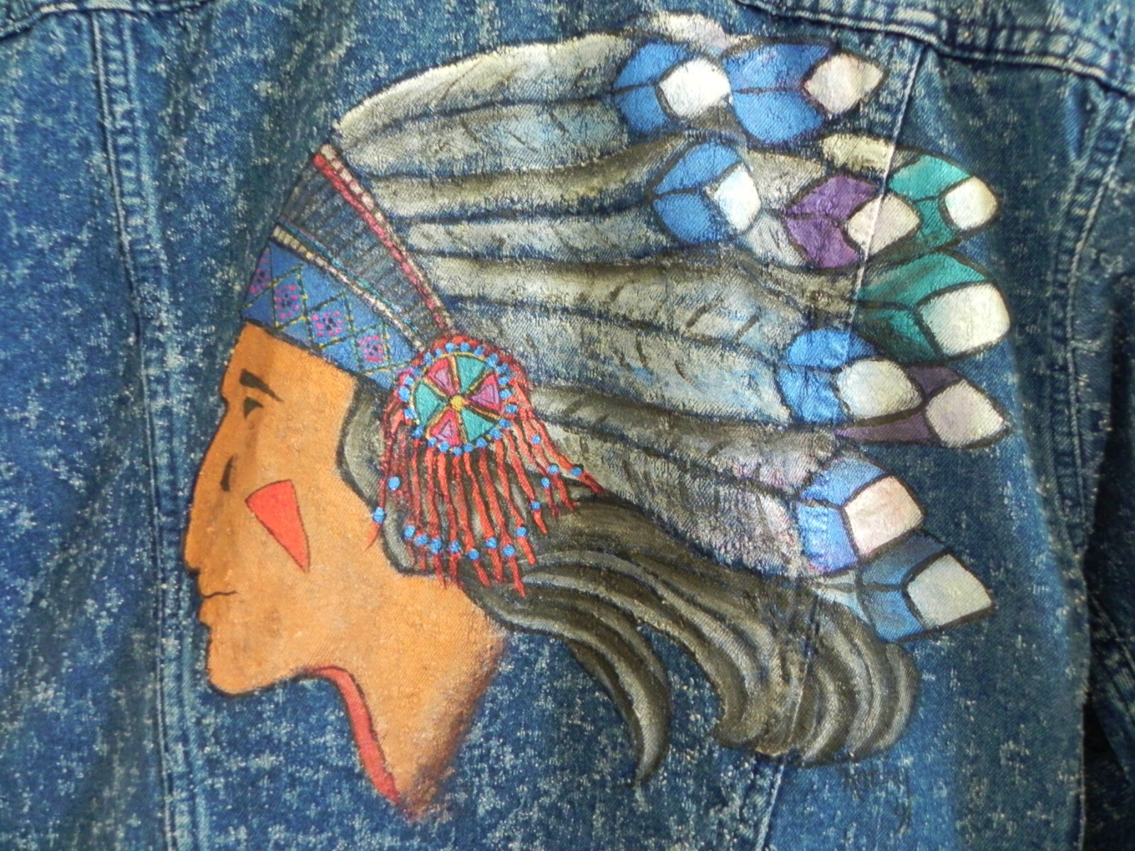 Levis One of a Kind Trucker Distressed Denim Native Chief Hand Painted Size L