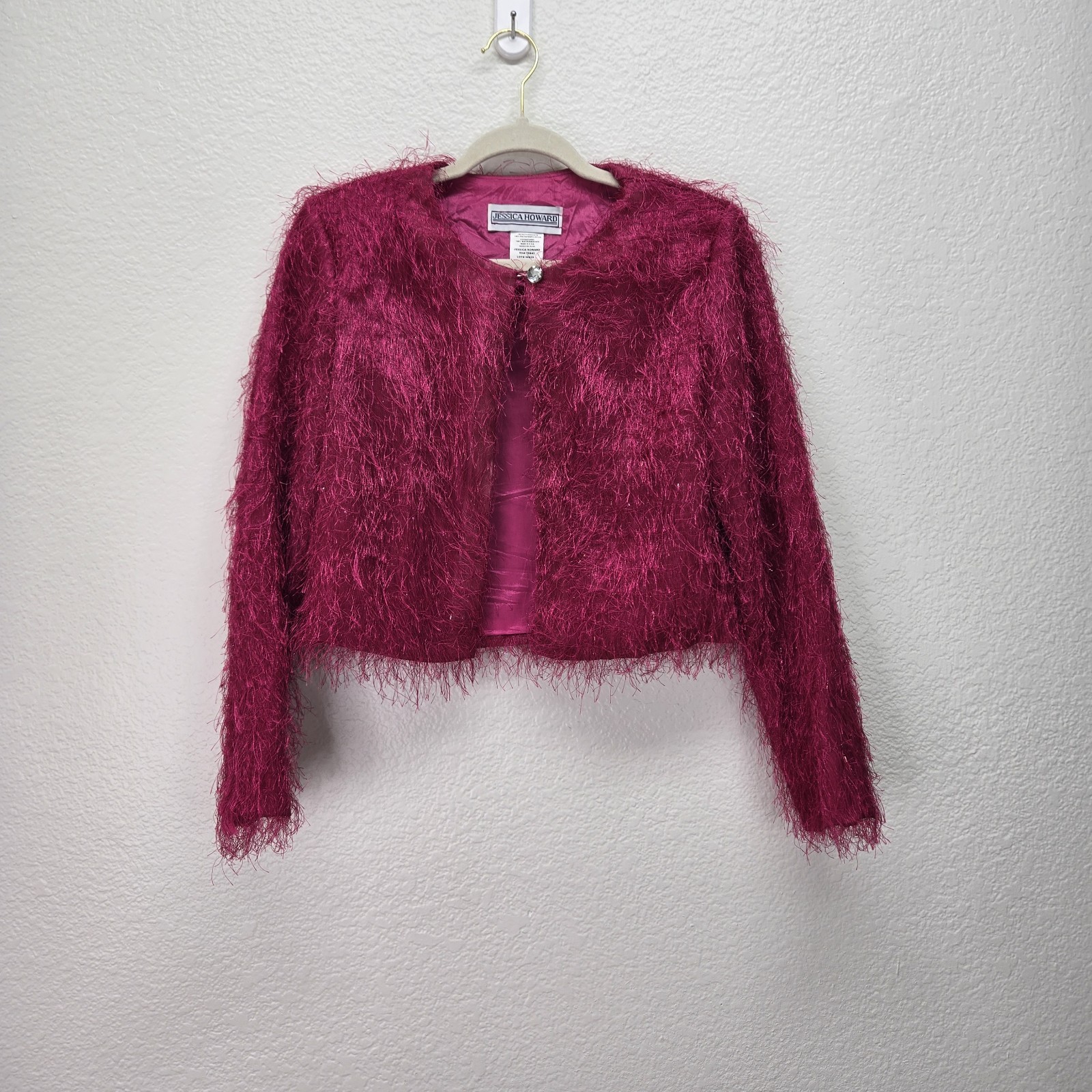 VTG Jessica Howard Fuchsia Pink Shaggy Faux Fur Crop Jacket Evening Coat S Shag