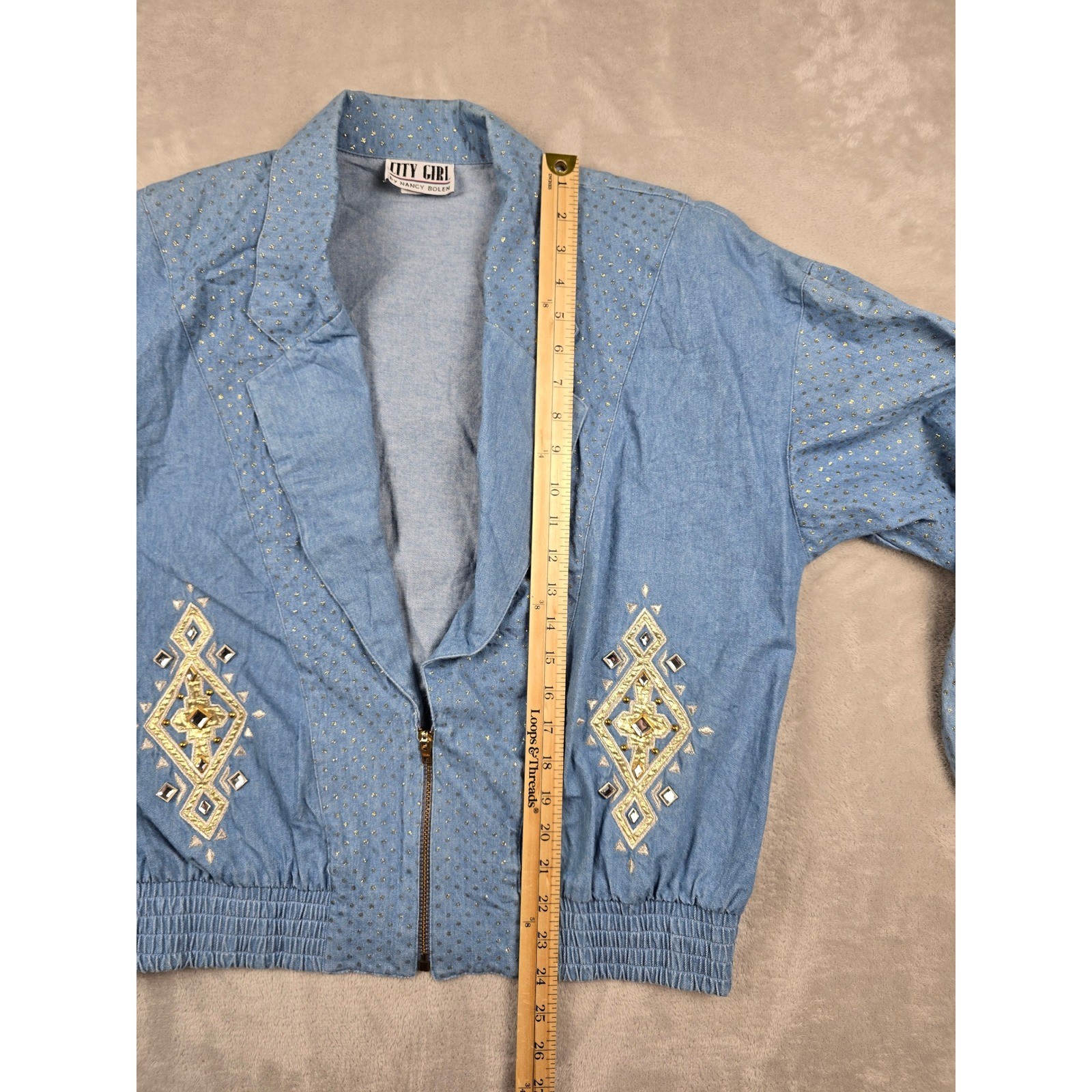 Vintage City Girl Blazer Womens L/XL Blue Gold Studded 80s Talon Zip *Read