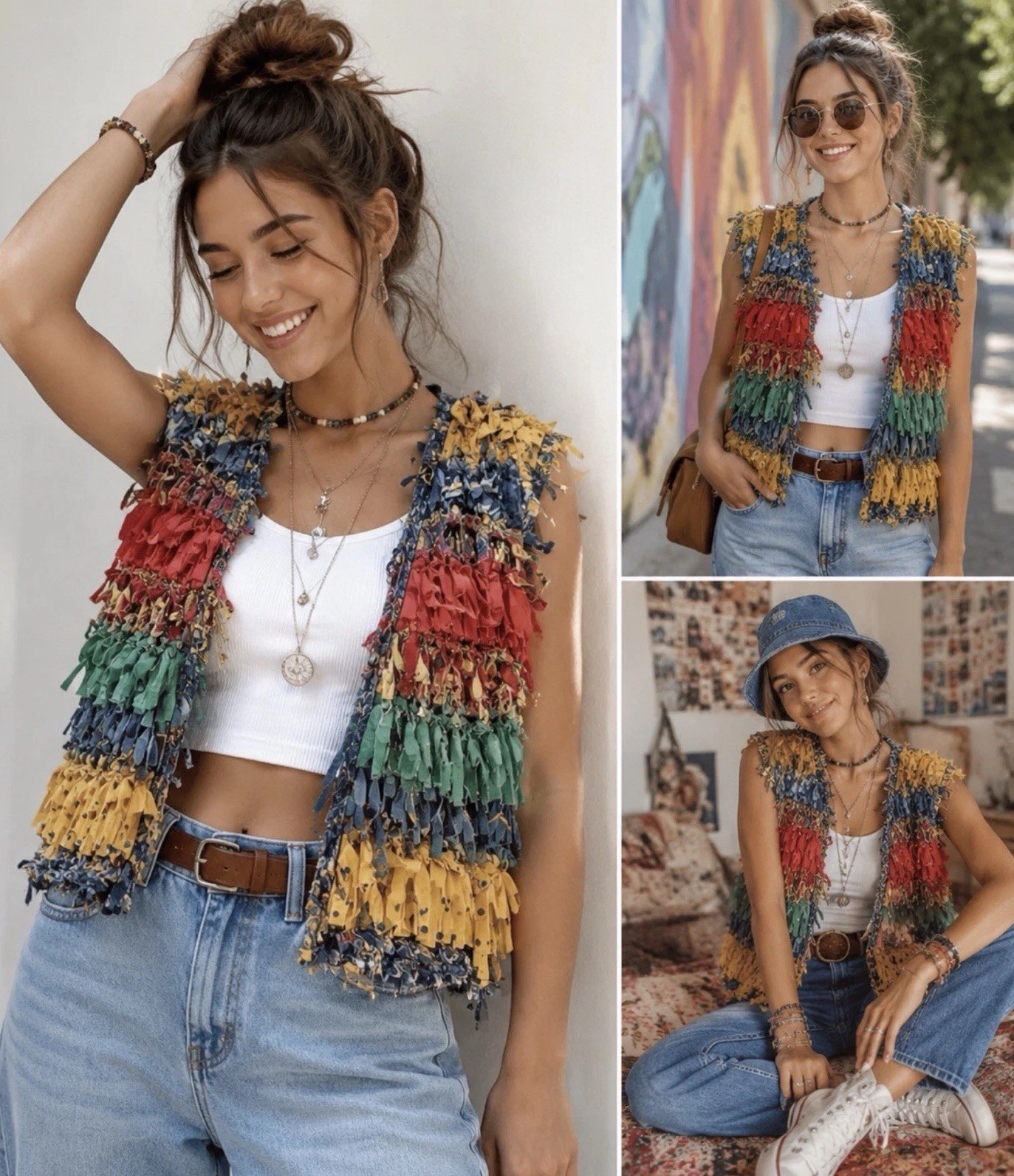 Vtg Vest Medium Estelle Gracer Hippie Rag Rug Artisan Crafted Festival Boho 1989