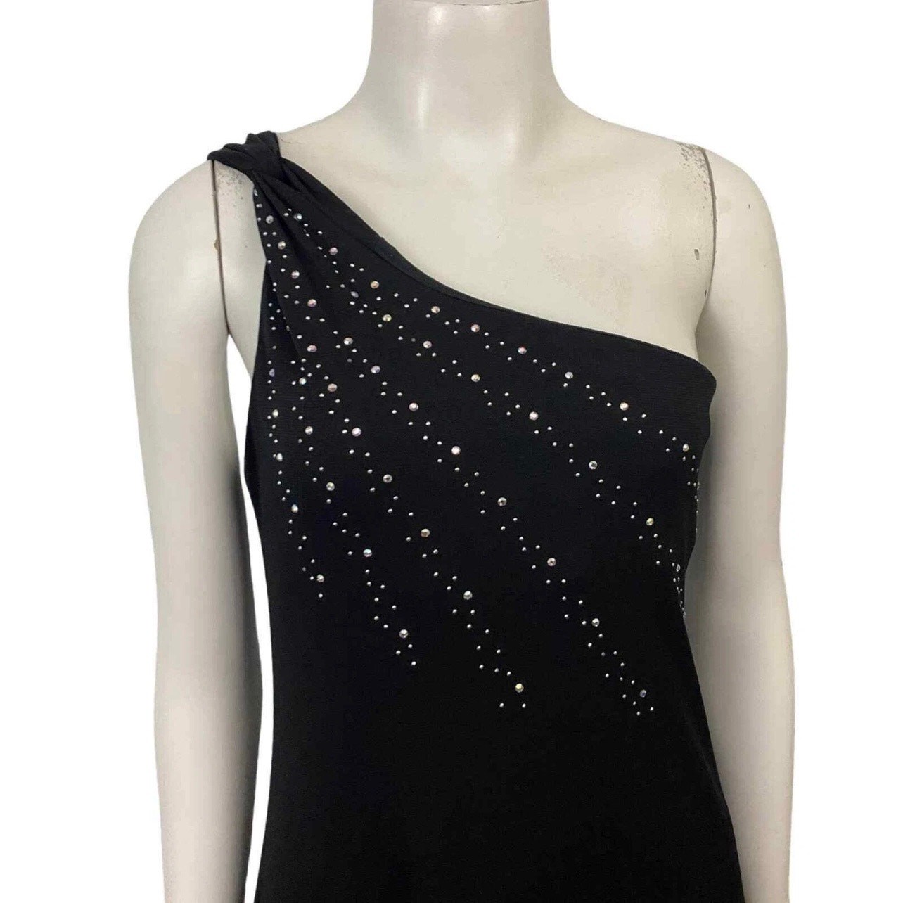 Vintage One Shoulder Black Evening Dress Rhinestone Asymmetrical Gown / medium ^