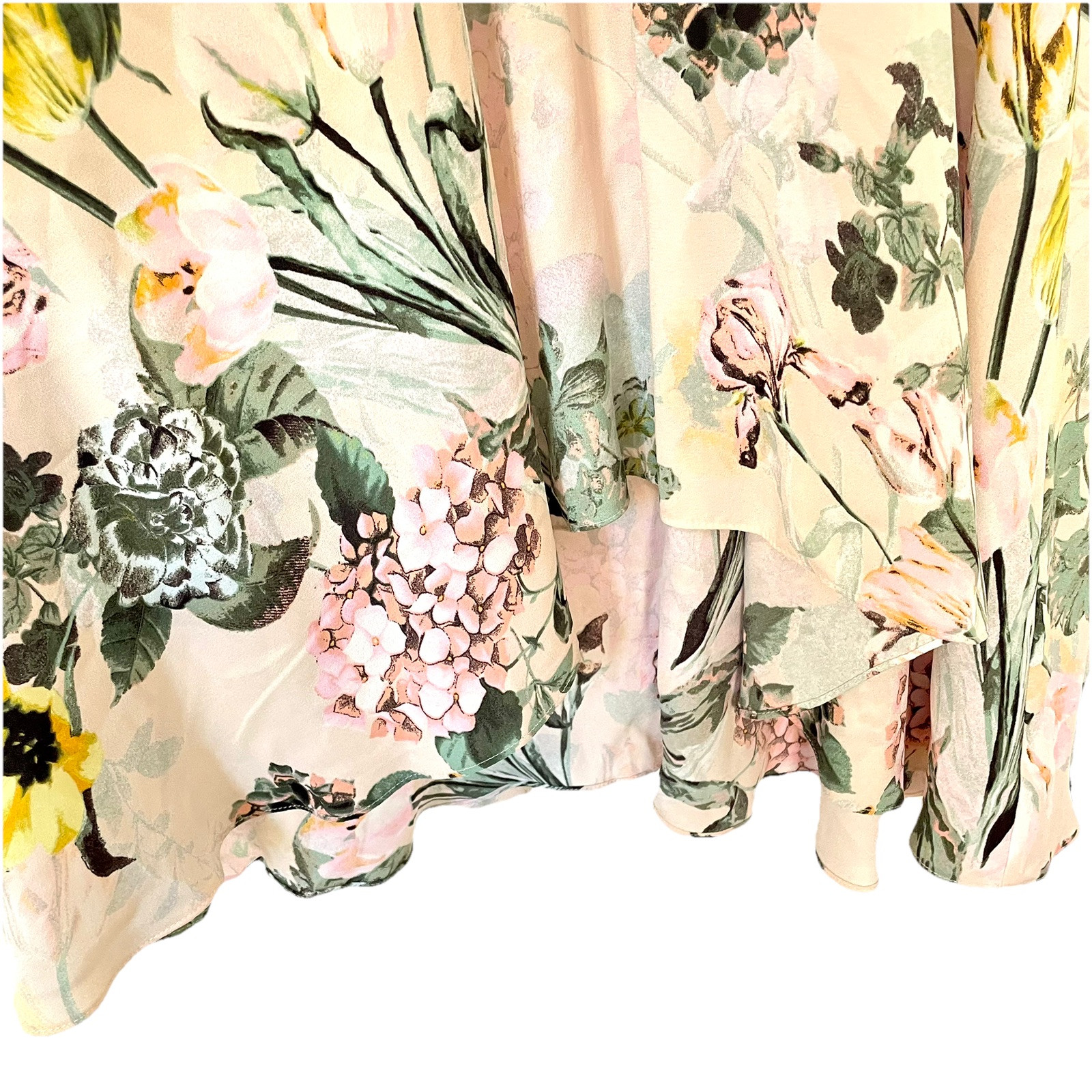 DN Design Dress 14 Ruffle V Neck 90s Floral Blush Hi Low Cottage Garden Feminine