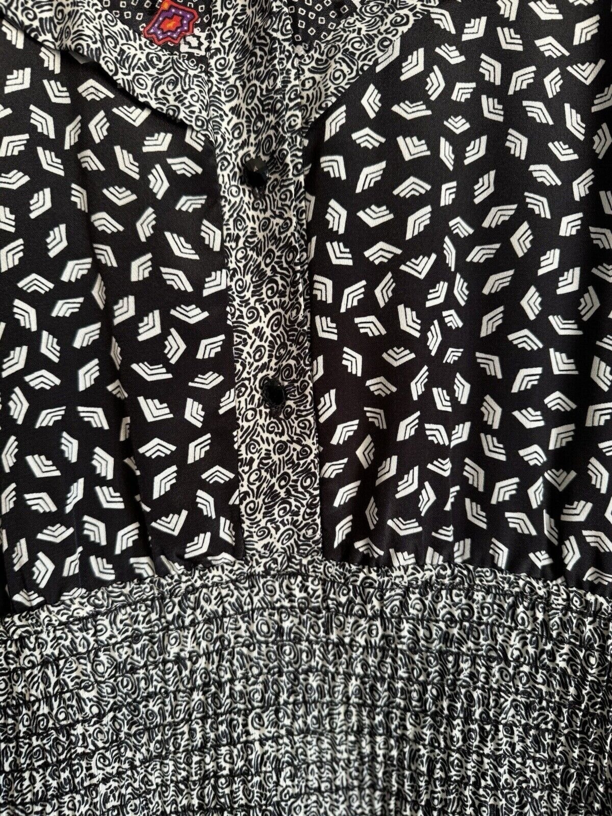 VTG Susan Freis Womens Large Smocked Waist Dress Mixed Print Puff Sleeve Cottage