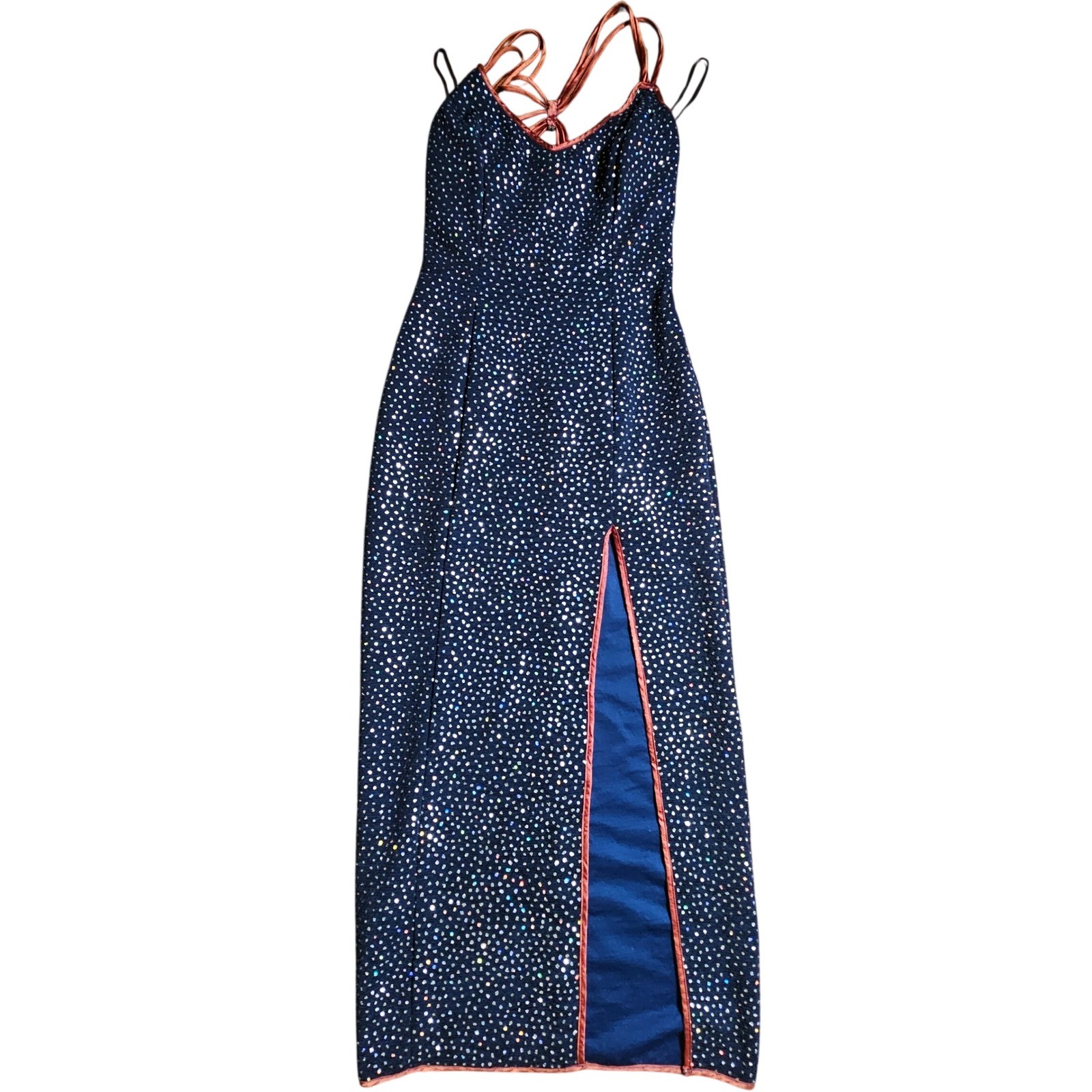 VTG LA Glo Rhinestones Embellished Glitter Maxi Dress Contrast Trim High Slit 30