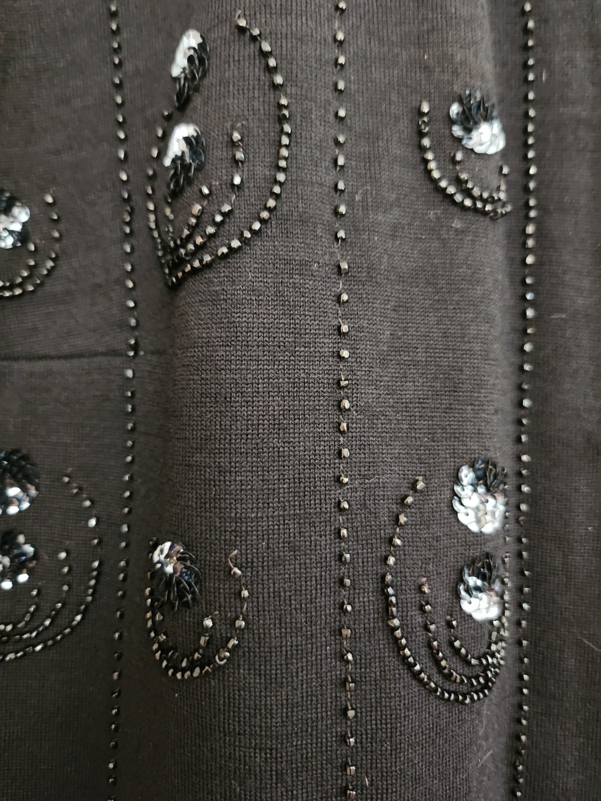 Vintage Gino Paoli Sweater Beaded Black Wool Button Up Knit 3/4 Sleeve Lined