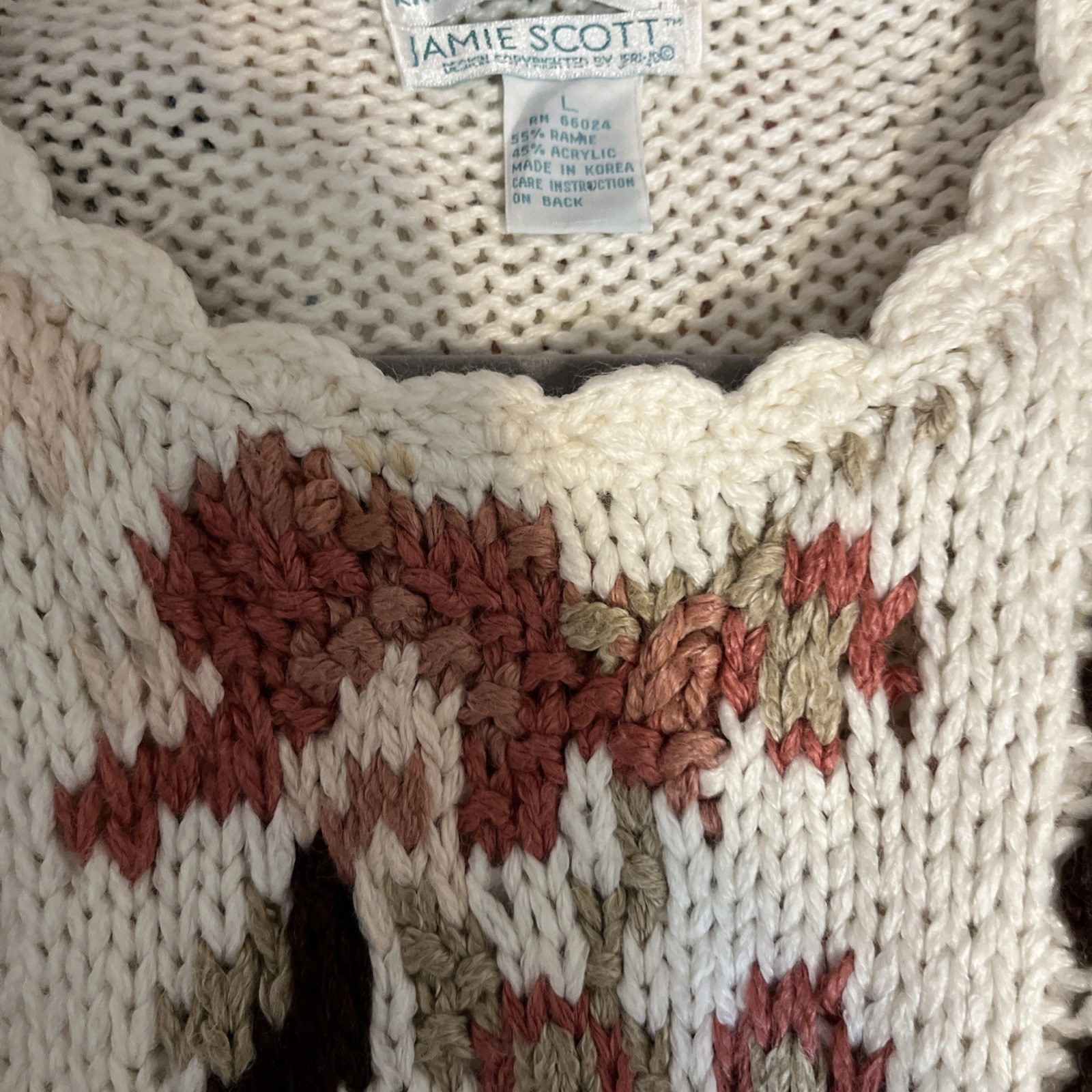 Vintage Women’s L Sweater Jamie Scott Soft Ivory Floral Drop Shoulder Cotton 80s