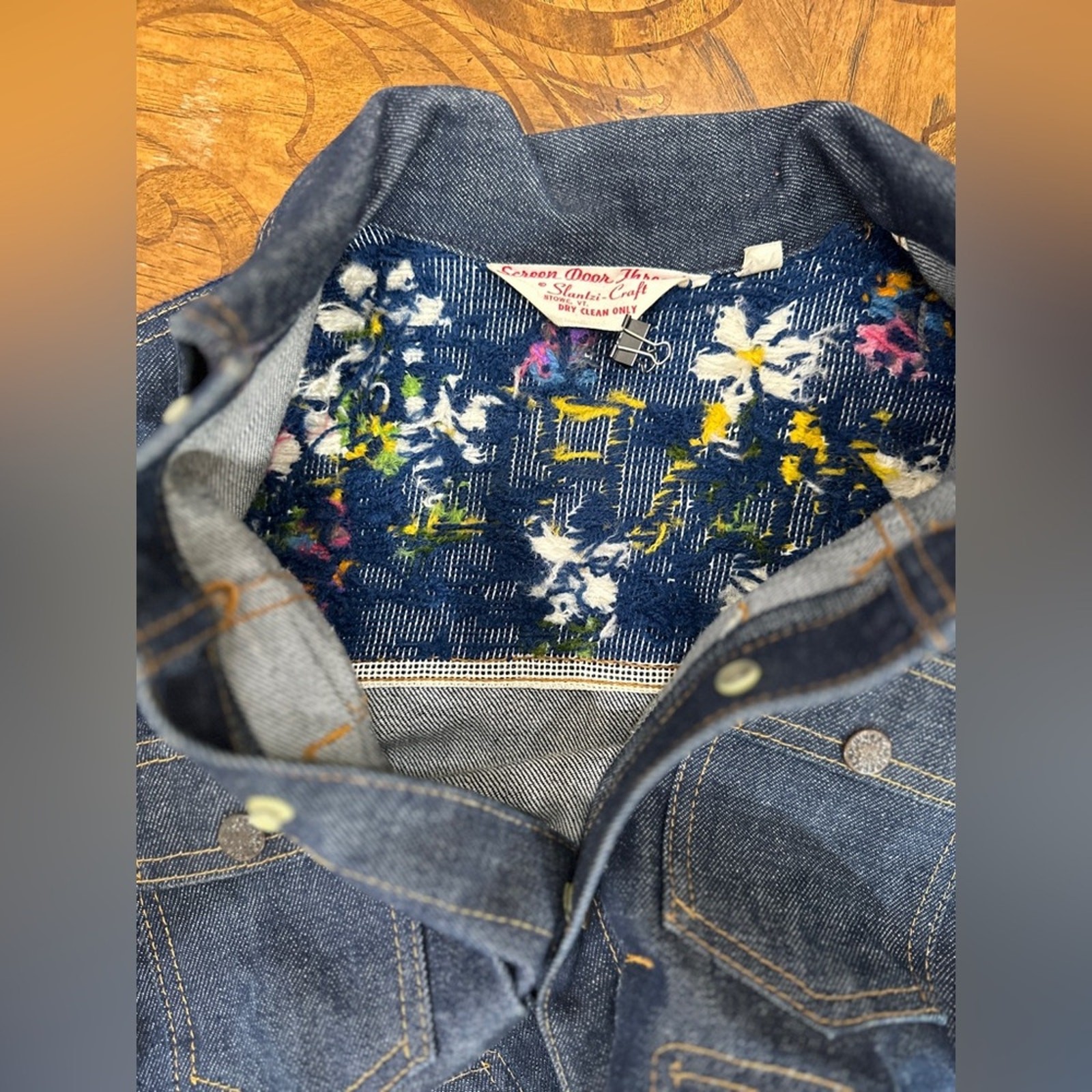 Marla Floral Needlepoint Embroidered Denim Jacket Sz S Stretch Boho vintage