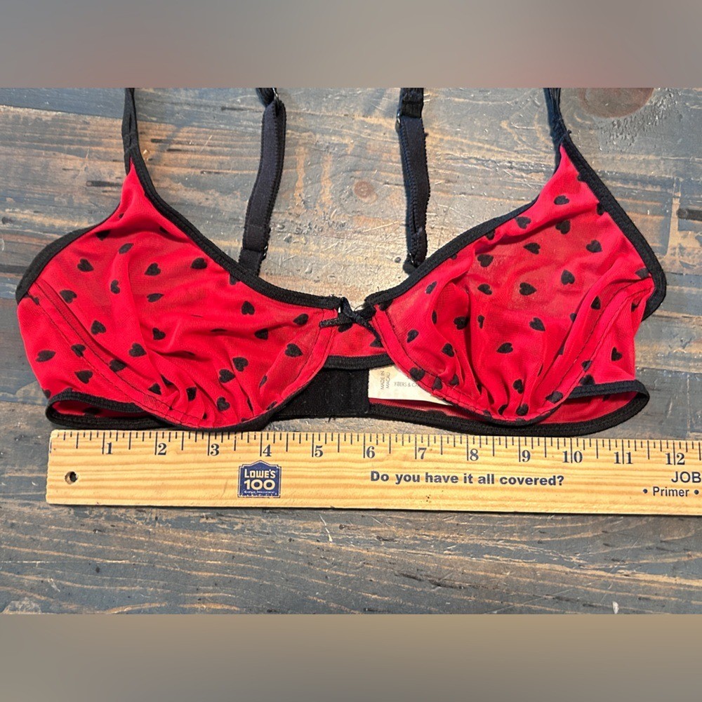 Vintage Red Mesh Heart Print Bra Sheer Black Trim 36B Sexy Date Night