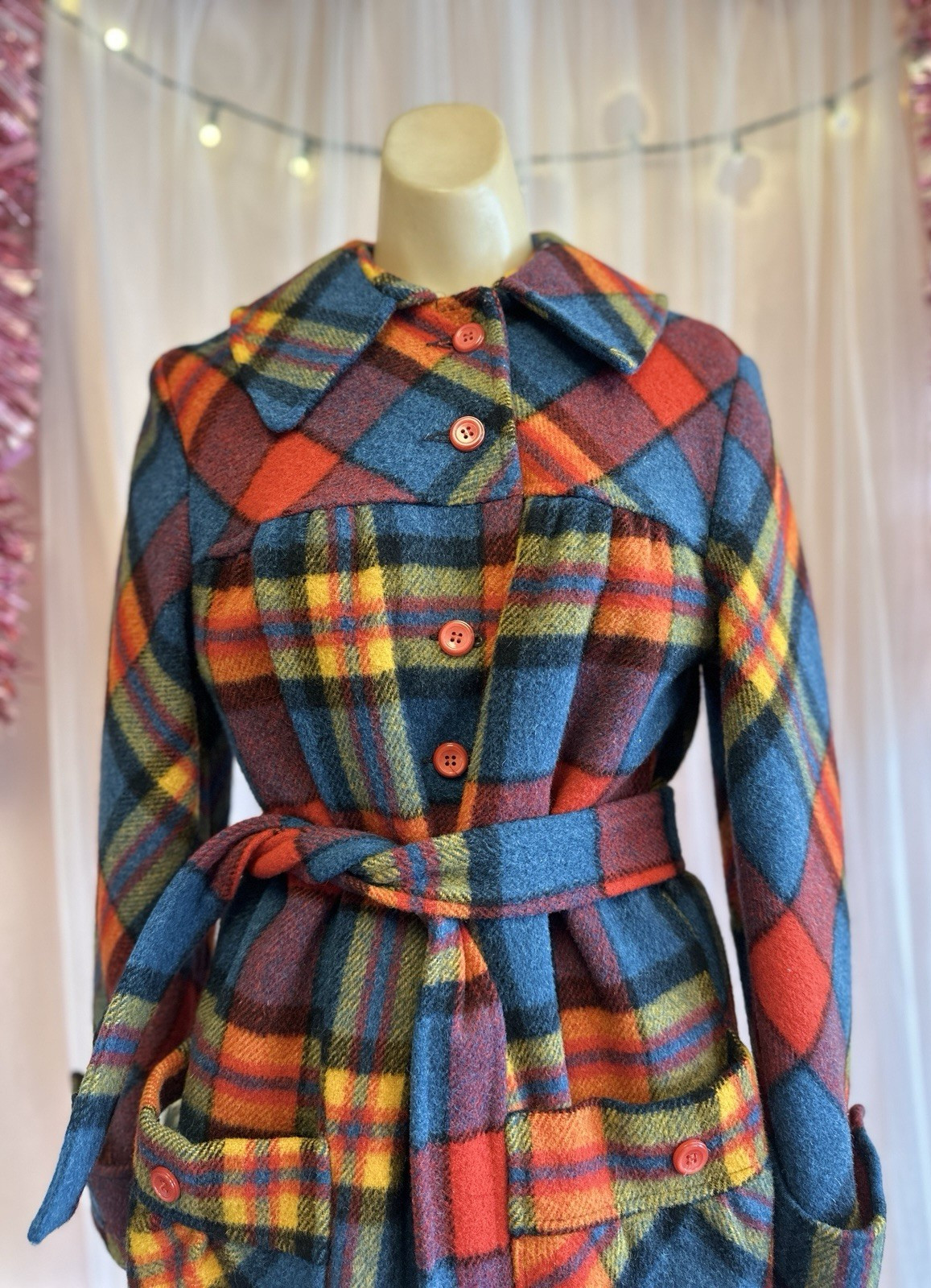 Vintage 60s 70s Rainbow Plaid Wool Coat Jacket Mod Retro Swingles XS/S
