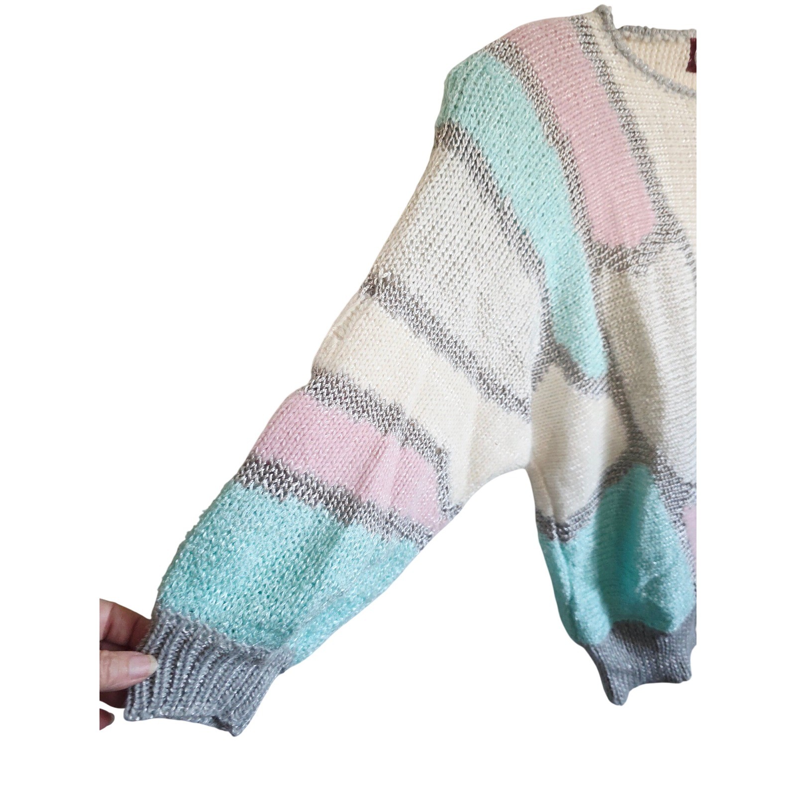Vintage Ginenne M 80s Colorblock Sweater Pink Aqua Silver Metallic Wool Acrylic