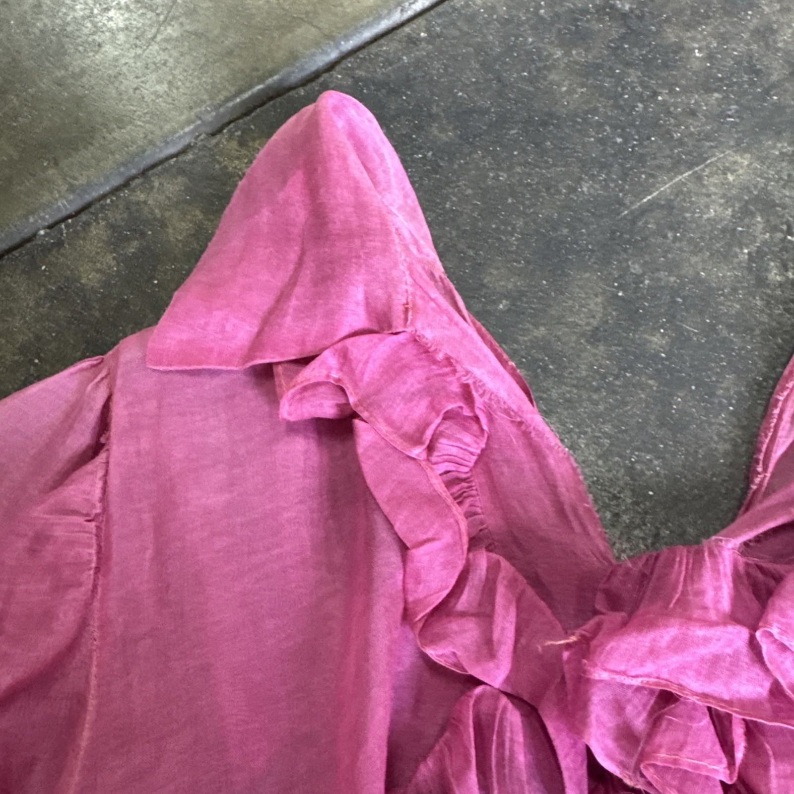 Vintage 1930s Pink Linen Blouse Ruffles Tie Belt Short Puff Sleeves Dress Top
