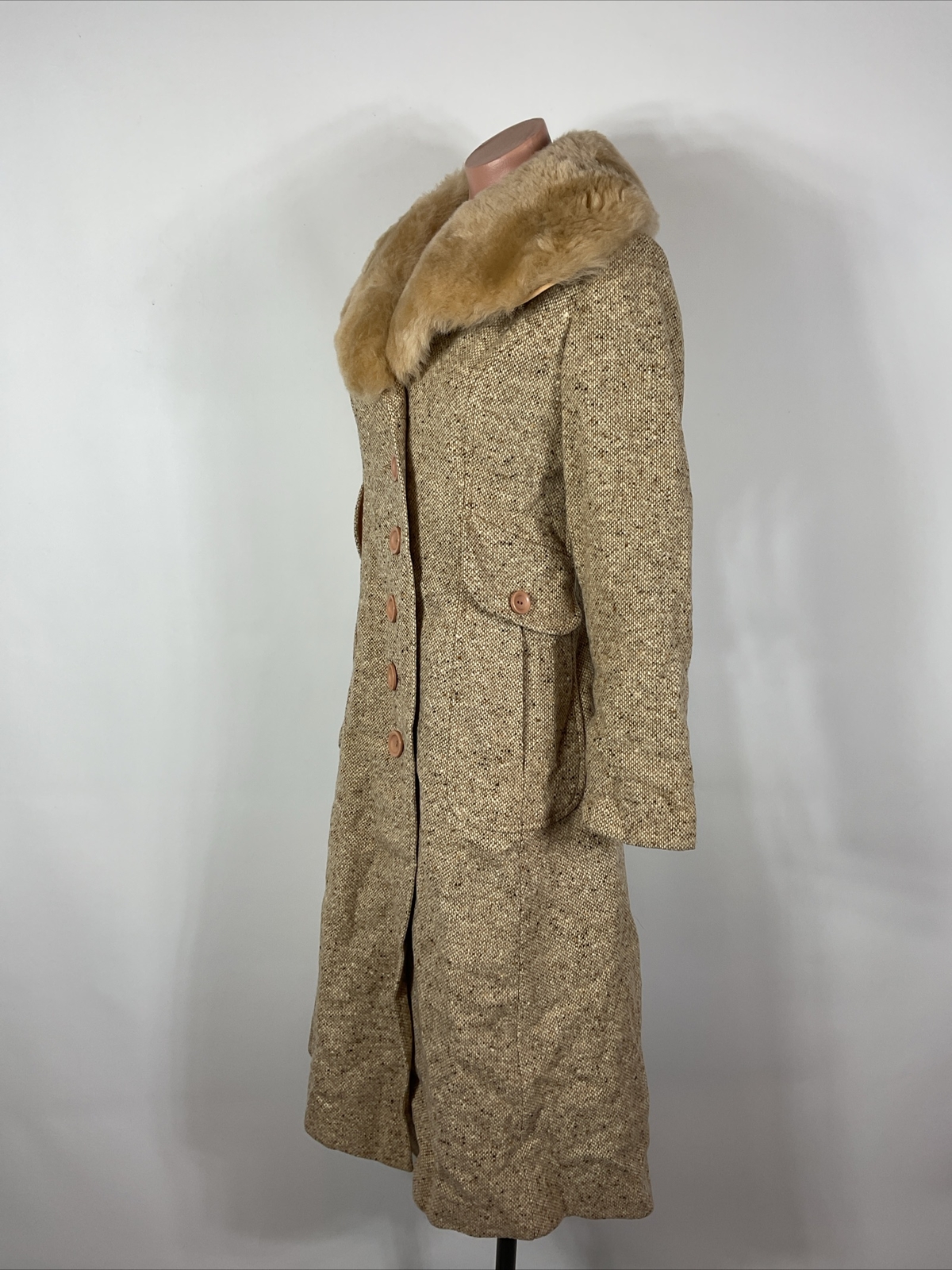 70s VTG Tweed Trench Pea Coat Shearling Lamb Collar Jacket S/M UNION NWT NEW