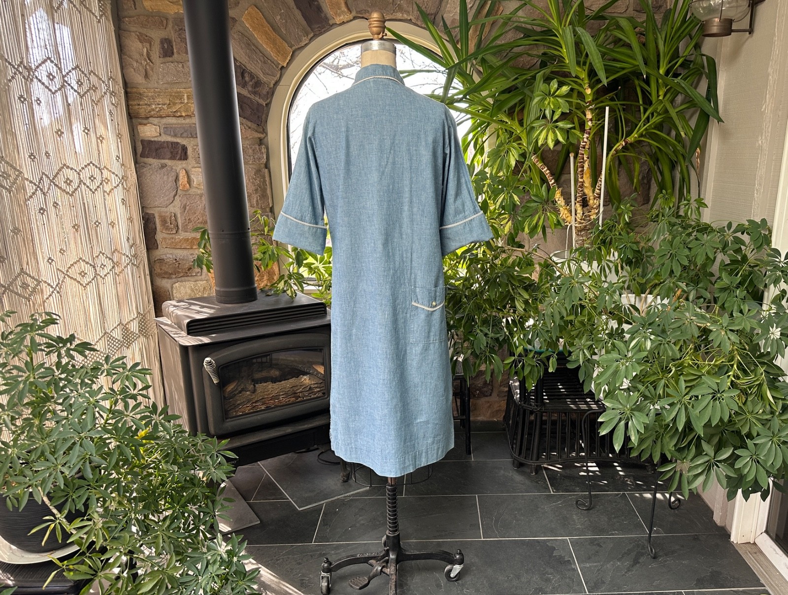 Vintage 1960s Blue Chambray White Lace Trim Shirtdress Langtry Ltd
