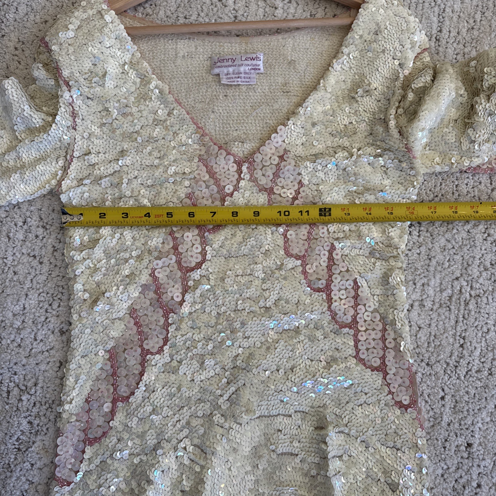 Vintage 80s Jenny Lewis London 100% Silk Sequin Dress Art Deco Handkerchief Hem