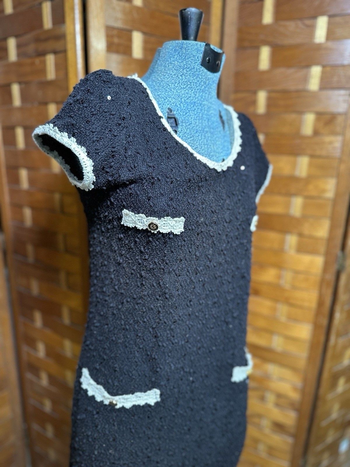 Joseph Ribkoff Womens Mini Knit Dress Black Cream Trim Sequin Vintage XS/S