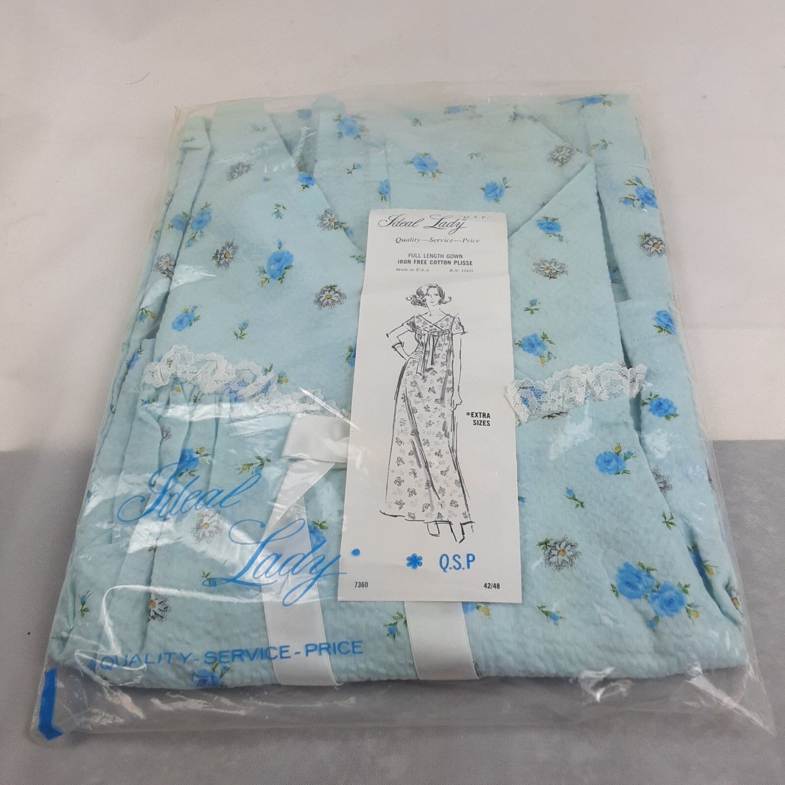 Vintage Women’s Ideal Lady Full Length Gown Pajamas Size 42 (L) Blue Flowers