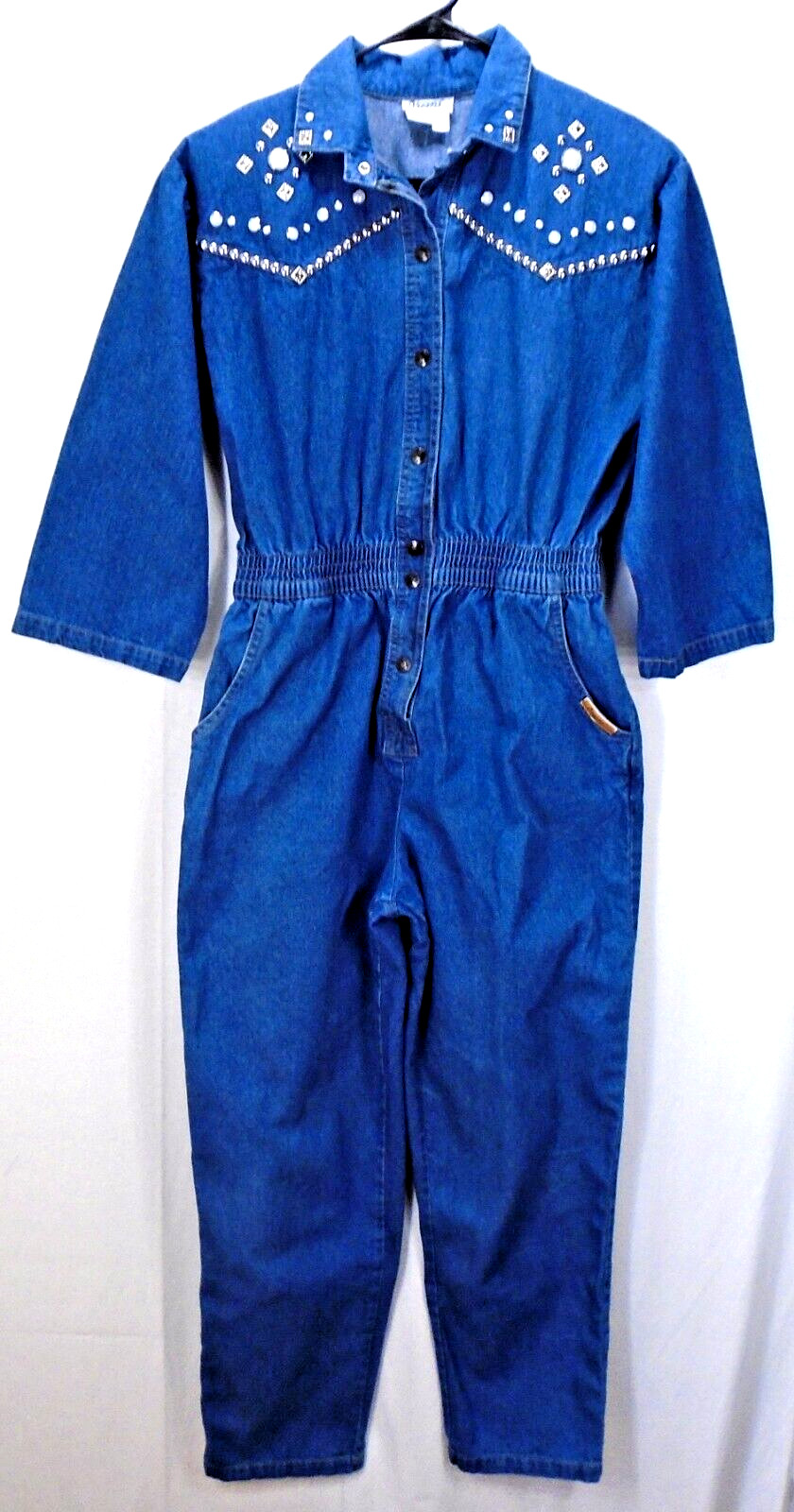 Vintage 80s Dreams Bling Studded Southwestern Denim Jumpsuit Cowgirl Rodeo MD