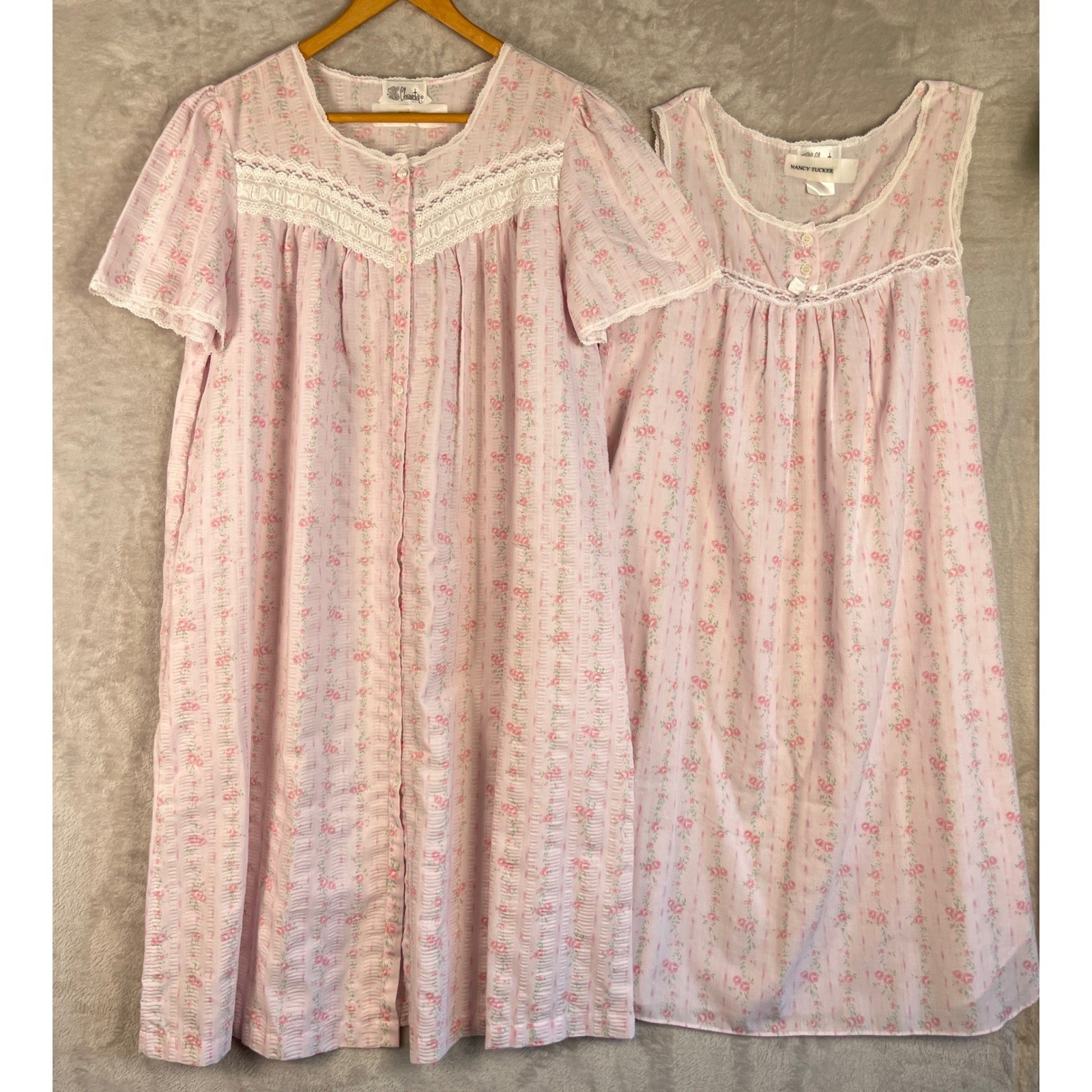 Vintage Character Nightgown Robe Set Medium Pink Floral Lace Grandma Cottagecore