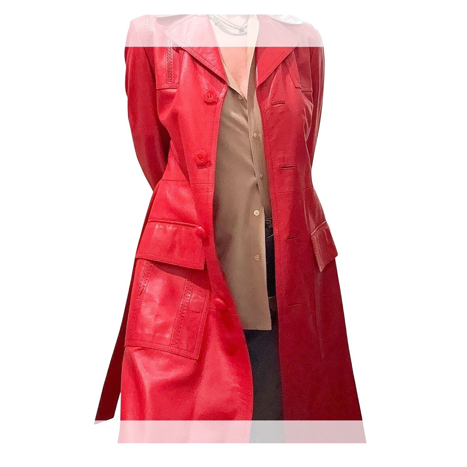 Leda Spain by Gropper Belted Leather Trenchcoat S Red — Excellent