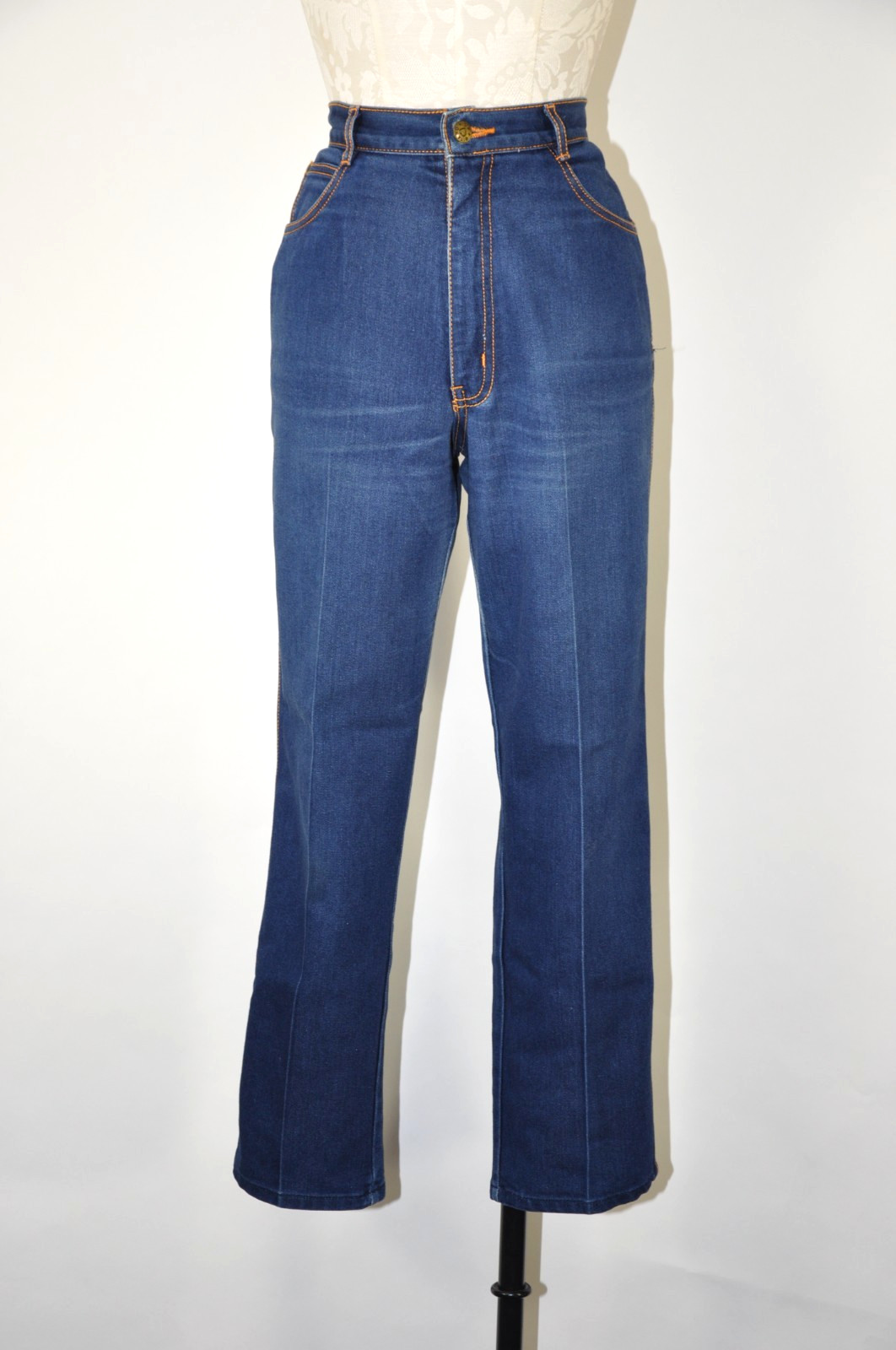 80s Gitano Dark Blue Indigo Cotton High Waist Straight Denim Pants Jeans Women M