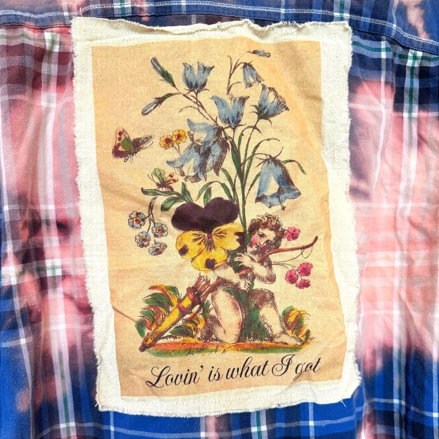 Lovin’ Is What I Got” Bleached Cotton Flannel Shirt Large Folk Art