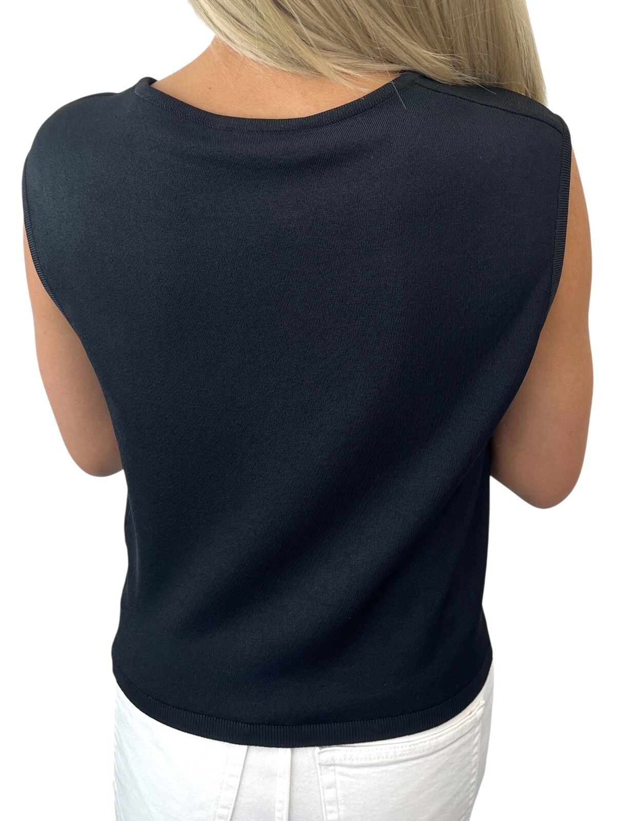 CHANEL Vintage 98P CC Logo Knit Tank Top #42 Round Neck Spandex Black Rayon