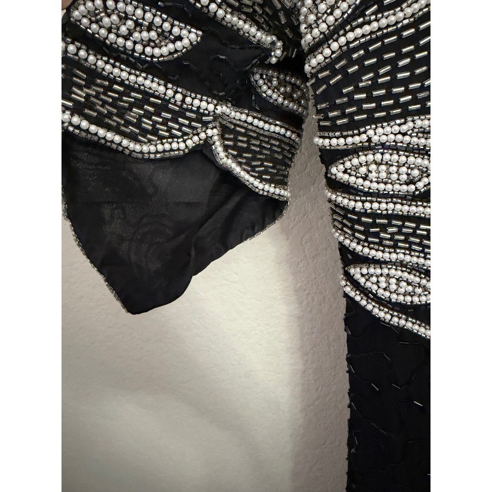 Night Vogue Vintage Black Silk Beaded Sequin Maxi Dress Art Deco Gown M Medium
