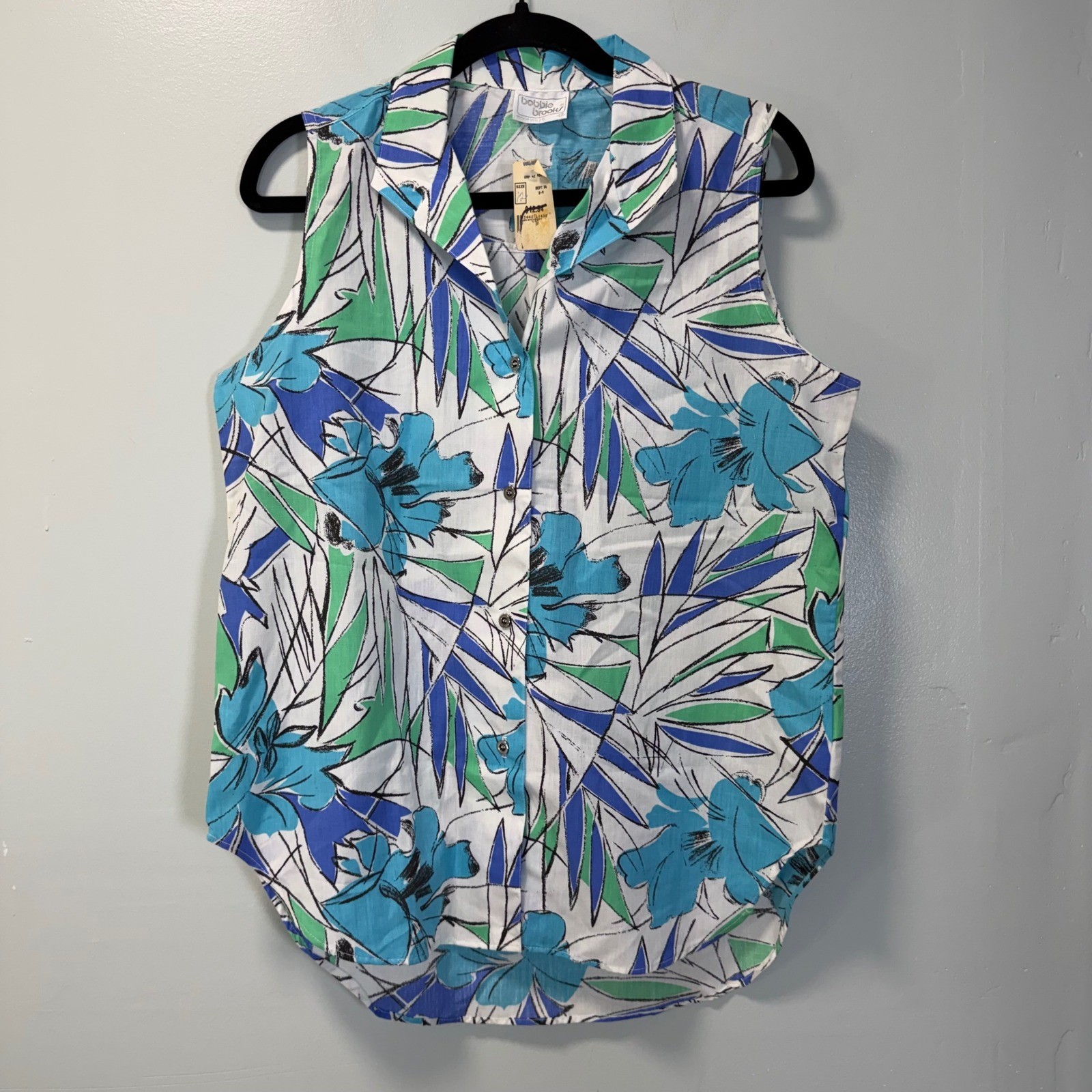 Vintage Bobbie Brooks Sleeveless Tropical Floral Button Up Shirt Blue Green 12