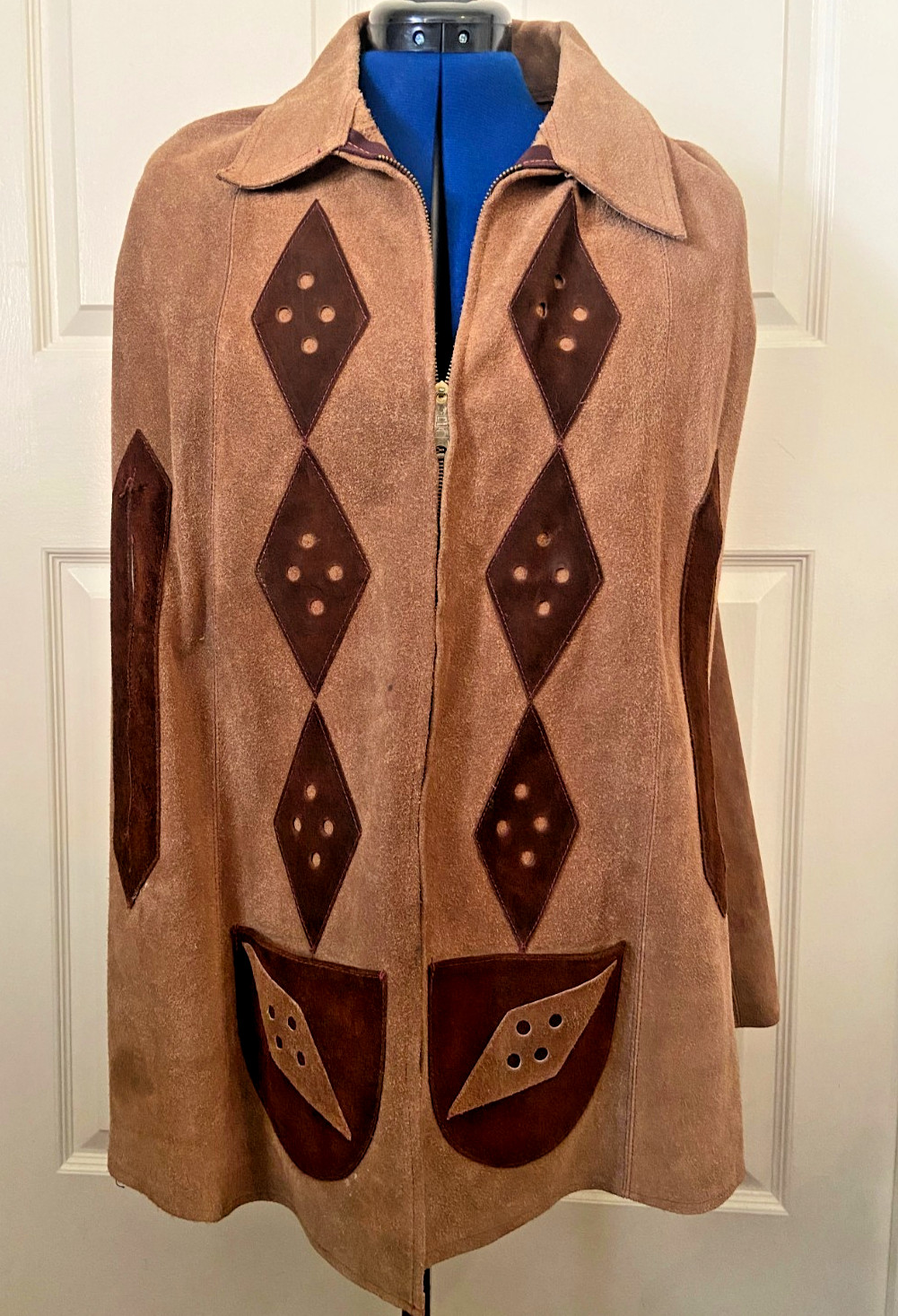 70s Suede Leather Cape Poncho Brown Tan Diamond Boho Coat Vintage Sz Small/M