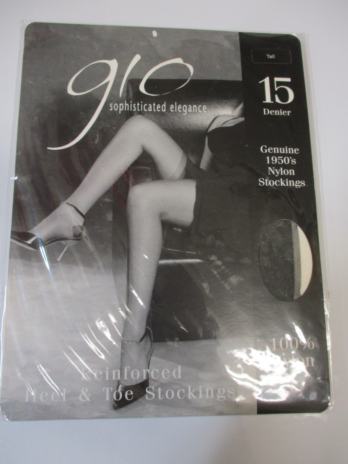 1PR VINTAGE GIO CONTRAST RHT SHEER FLAT KNIT NYLON STOCKINGS 11 LONG BLACK