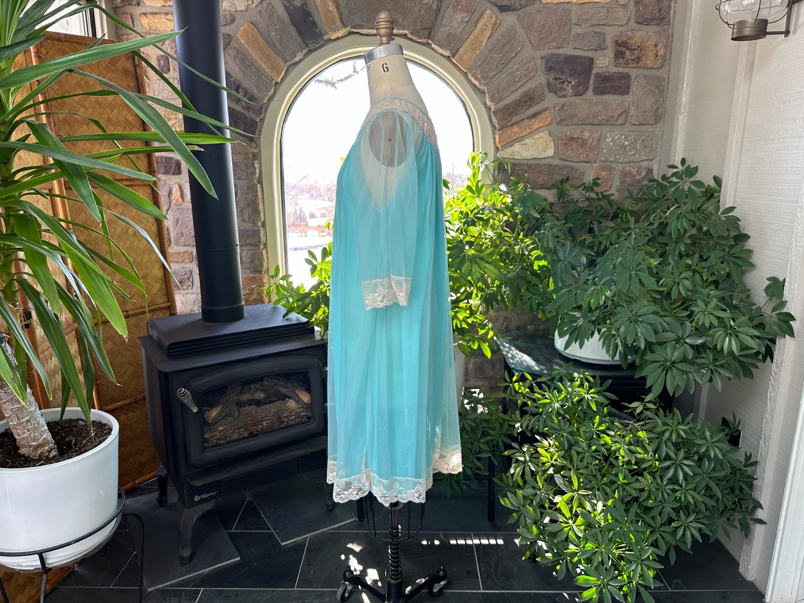 Vintage 1970s Turquoise Blue Nylon and Ivory Lace Nightgown
