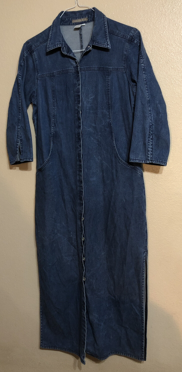 Vtg Isabella Bird 10 Blue Jean denim shirt dress Long Midi Button Front 3/4 Slv