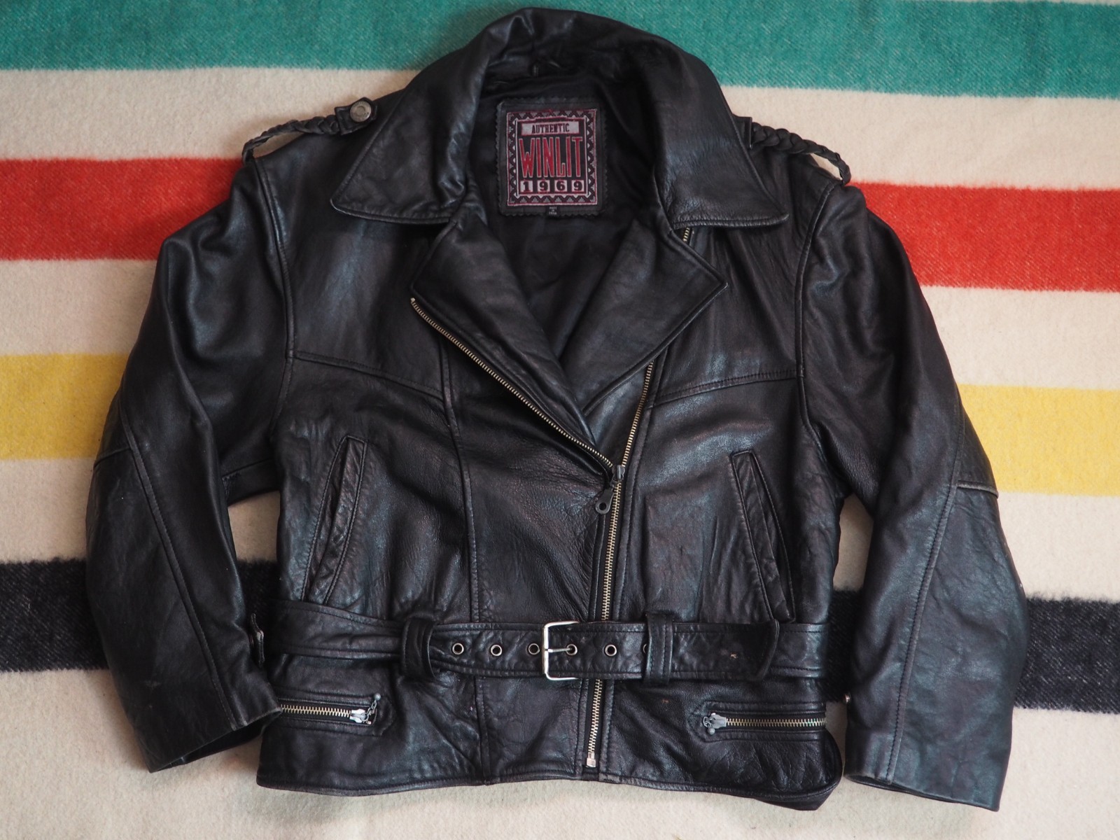 VTG 80s 90s Winlit Black Leather Moto Biker Cafe Western Zip Jacket Womens L