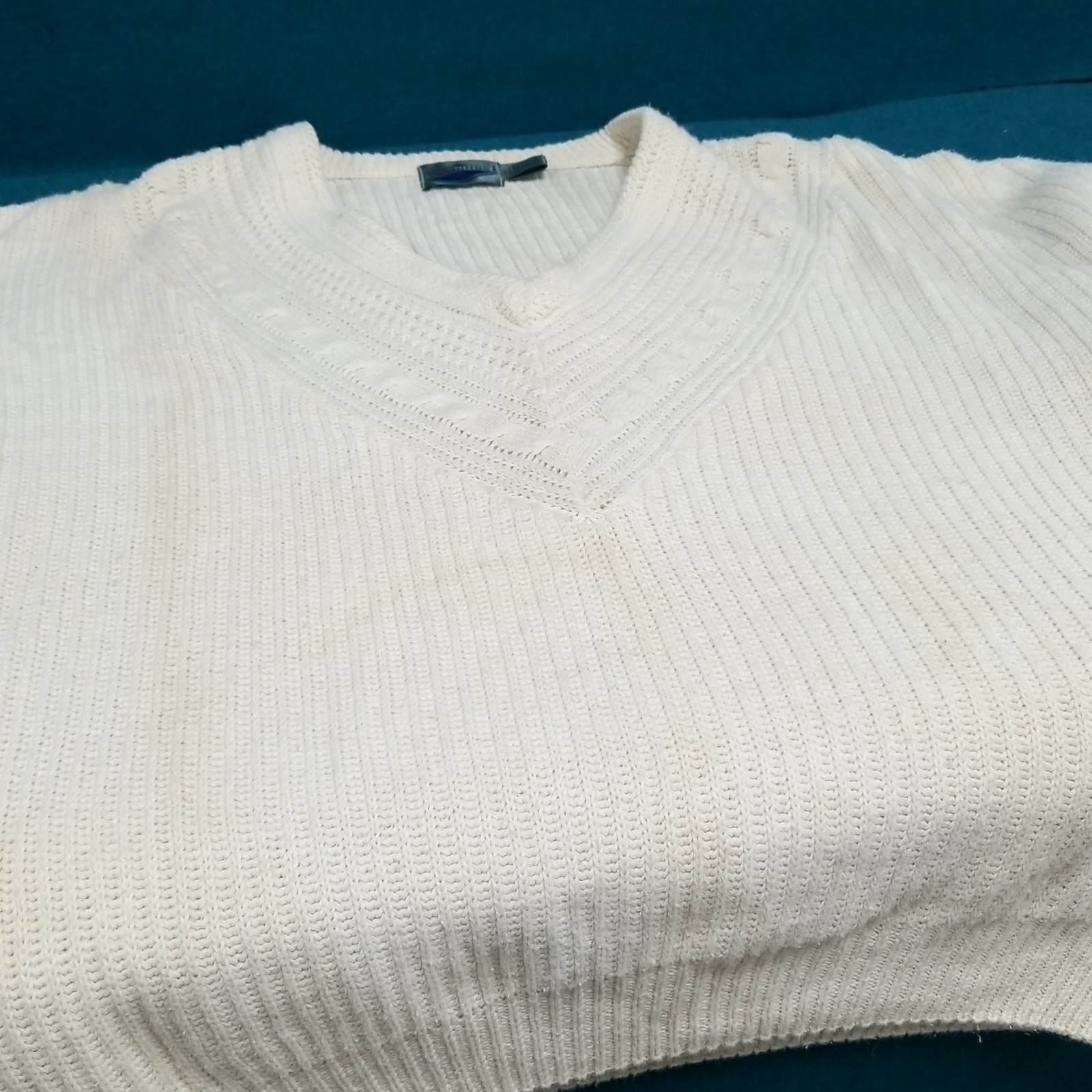VTG Etchings Cream Cable Knit V-Neck Cotton Blend Sweater Size XL