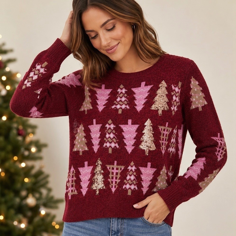 Holiday Time Burgundy Pink Christmas Tree Gold Sequin Sweater L Cozy Ugly Party