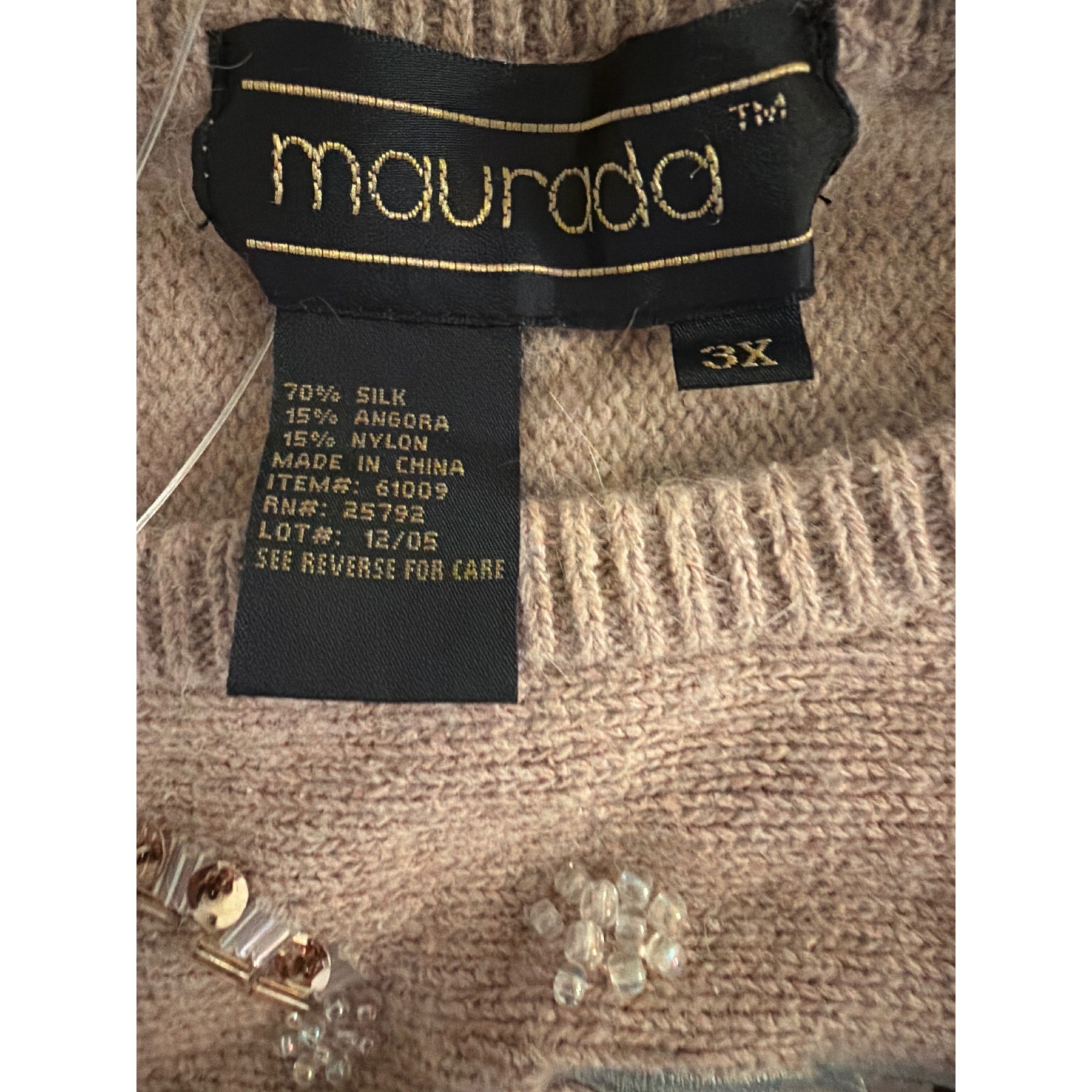 Maurada Vintage Silk Angora Bead Embellished Floral Sweater Tan Beige 3X 61009