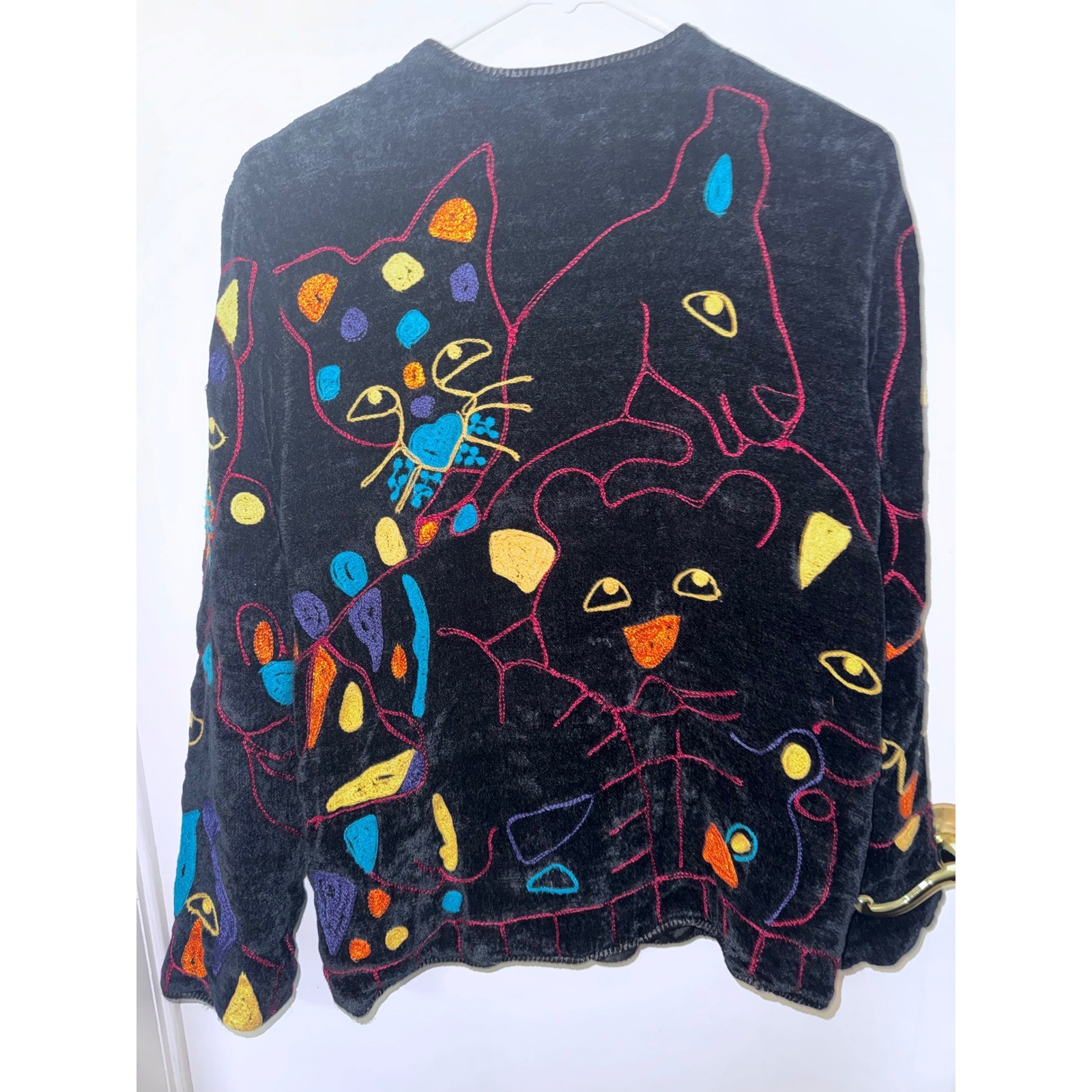 Allure Vintage Black Velvet Embroidered Abstract Cat Animal Jacket Small